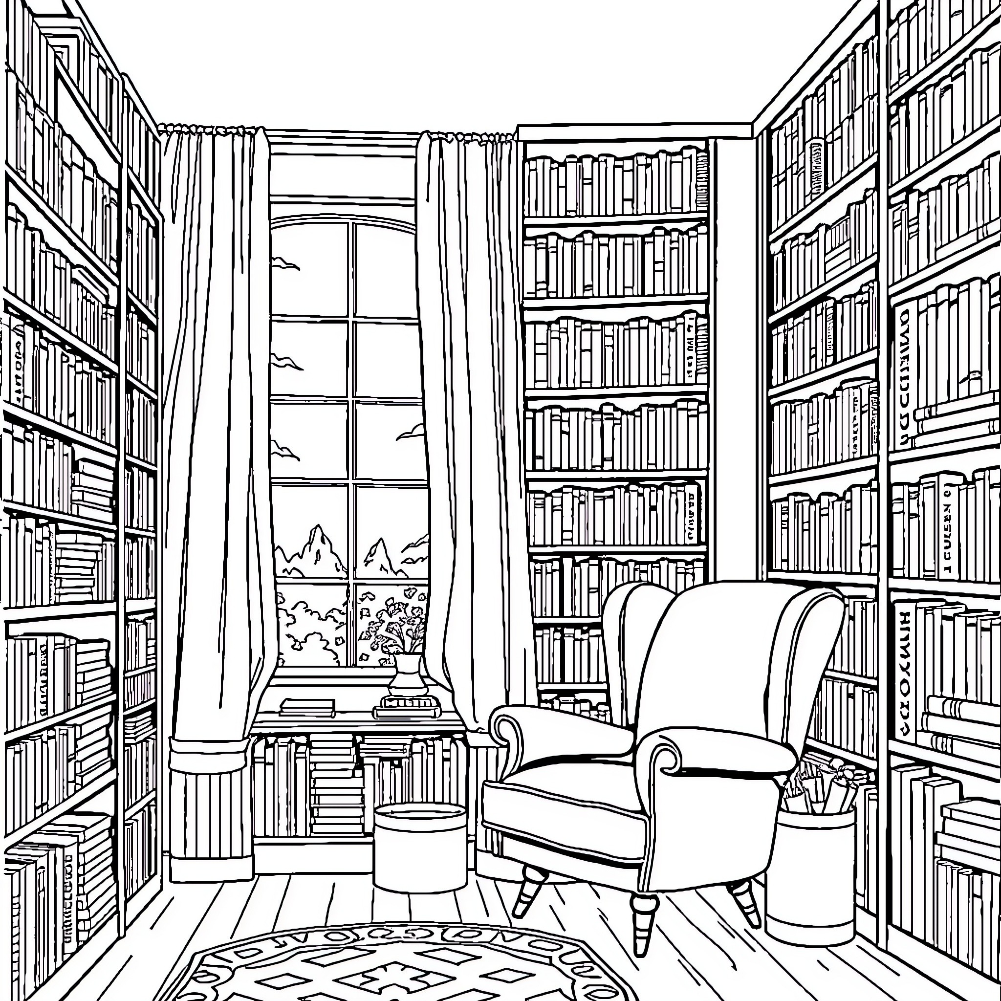 Room with Cozy Reading Nook and Bookshelves Coloring Page (free black-and-white line drawing printable PDF for all, from beginners to advanced learners, including children, teens, adults, and seniors)