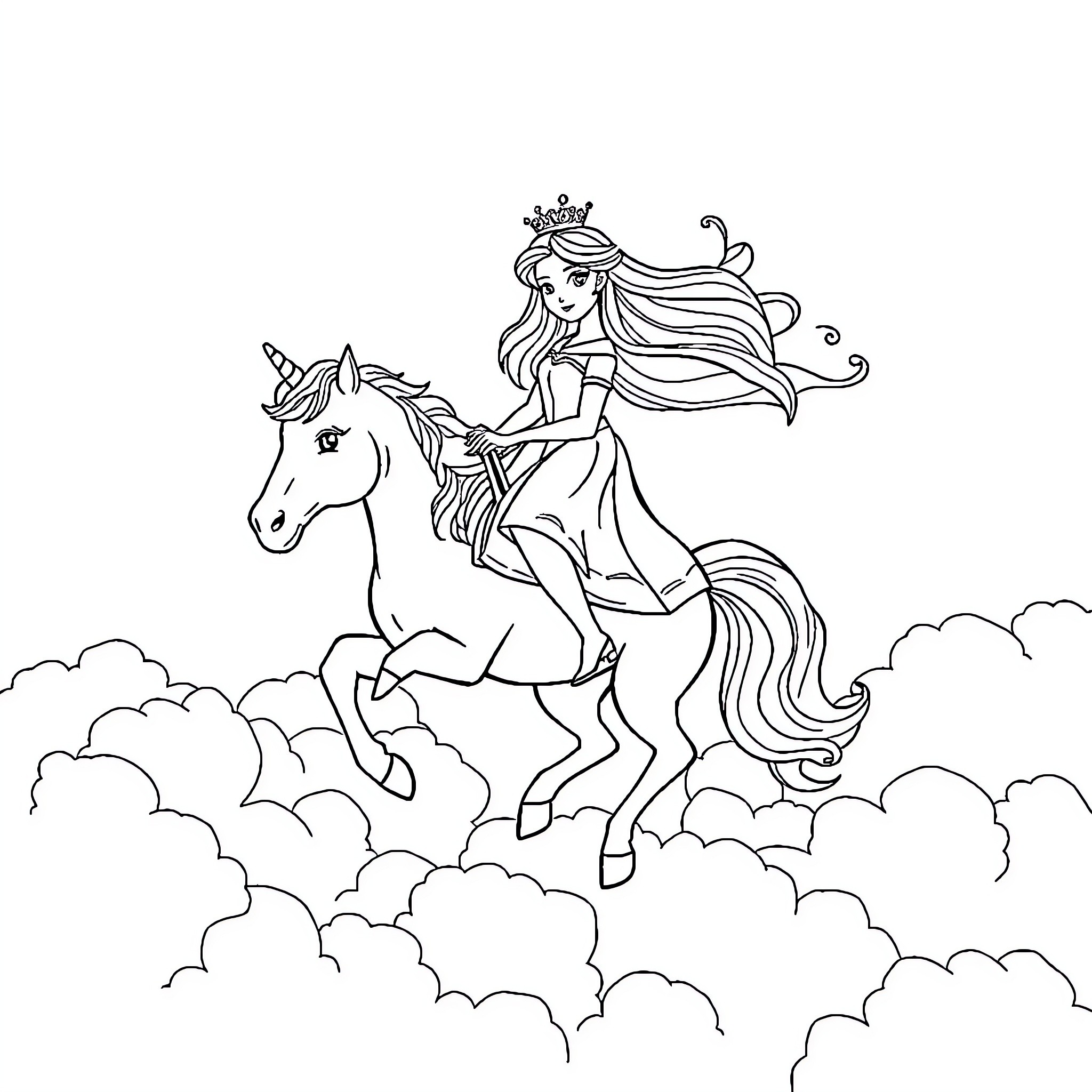 Princess Riding a Majestic Unicorn in the Sky Coloring Page (free black-and-white line drawing printable PDF for all, from beginners to advanced learners, including children, teens, adults, and seniors)
