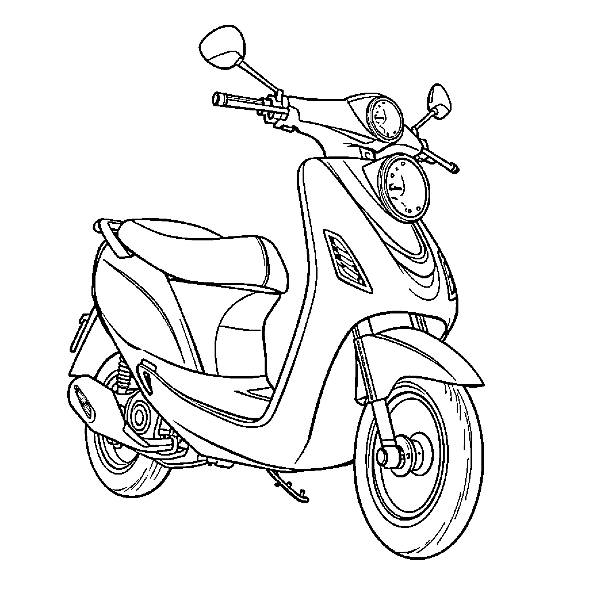 Scooter vehicle with distinctive design Coloring Page (free black-and-white line drawing printable PDF for all, from beginners to advanced learners, including children, teens, adults, and seniors)