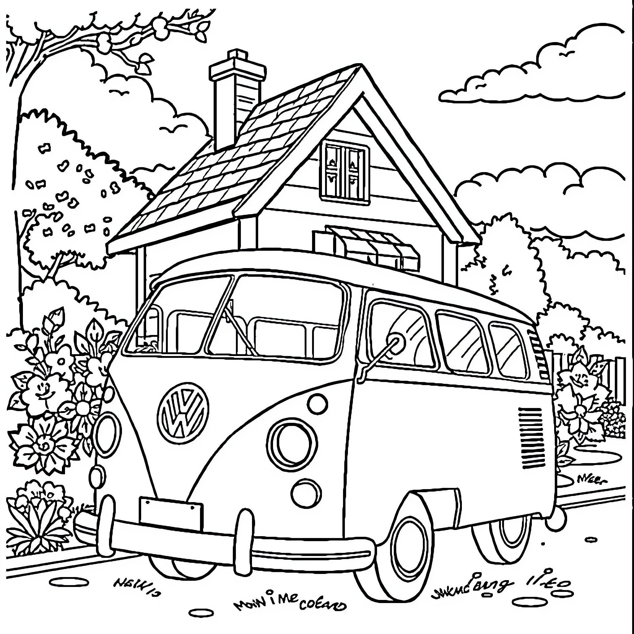 VW Van parked near a cozy cabin in nature Coloring Page (free black-and-white line drawing printable PDF for all, from beginners to advanced learners, including children, teens, adults, and seniors)