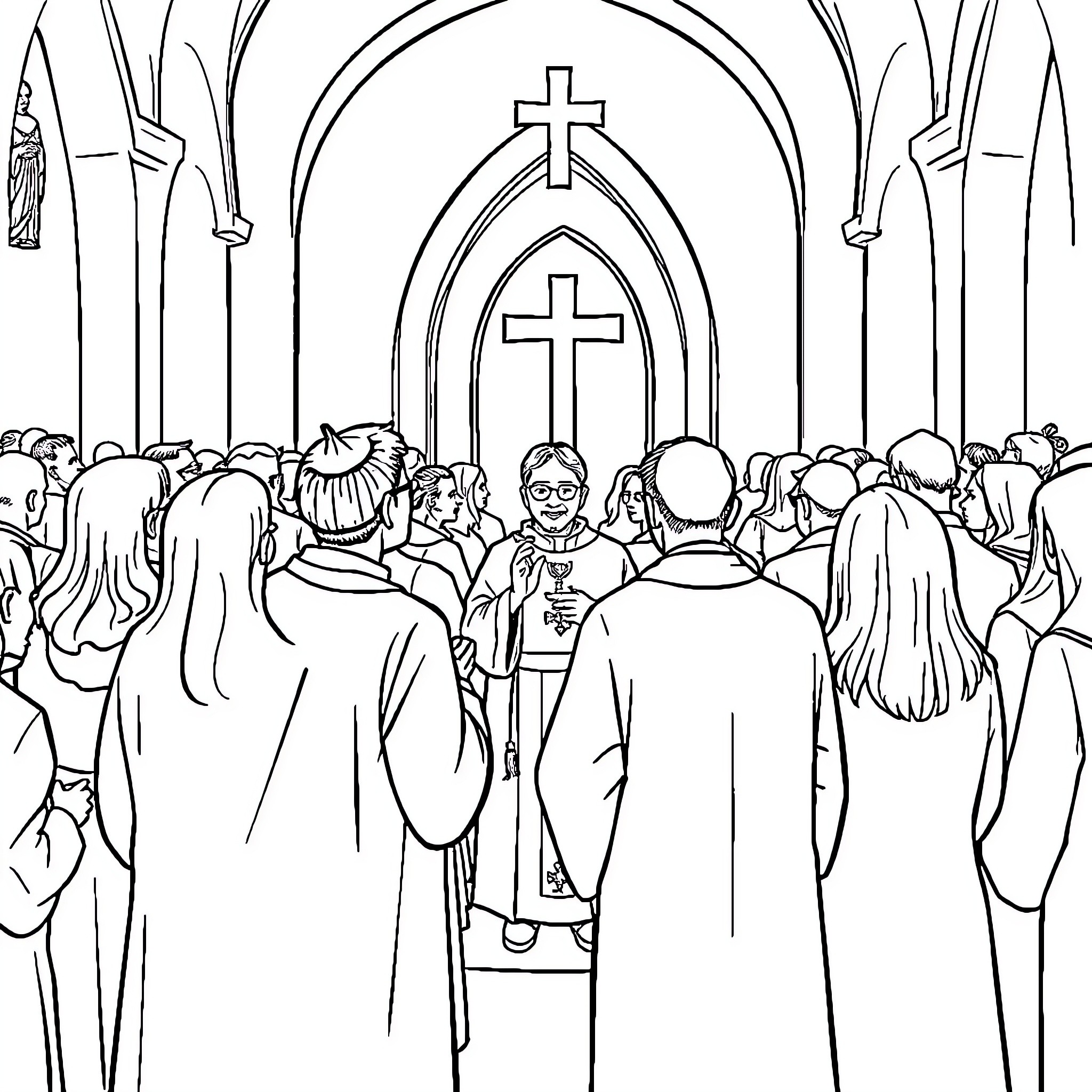 Catholics Attending Religious Service in Cathedral Coloring Page (free black-and-white line drawing printable PDF for all, from beginners to advanced learners, including children, teens, adults, and seniors)
