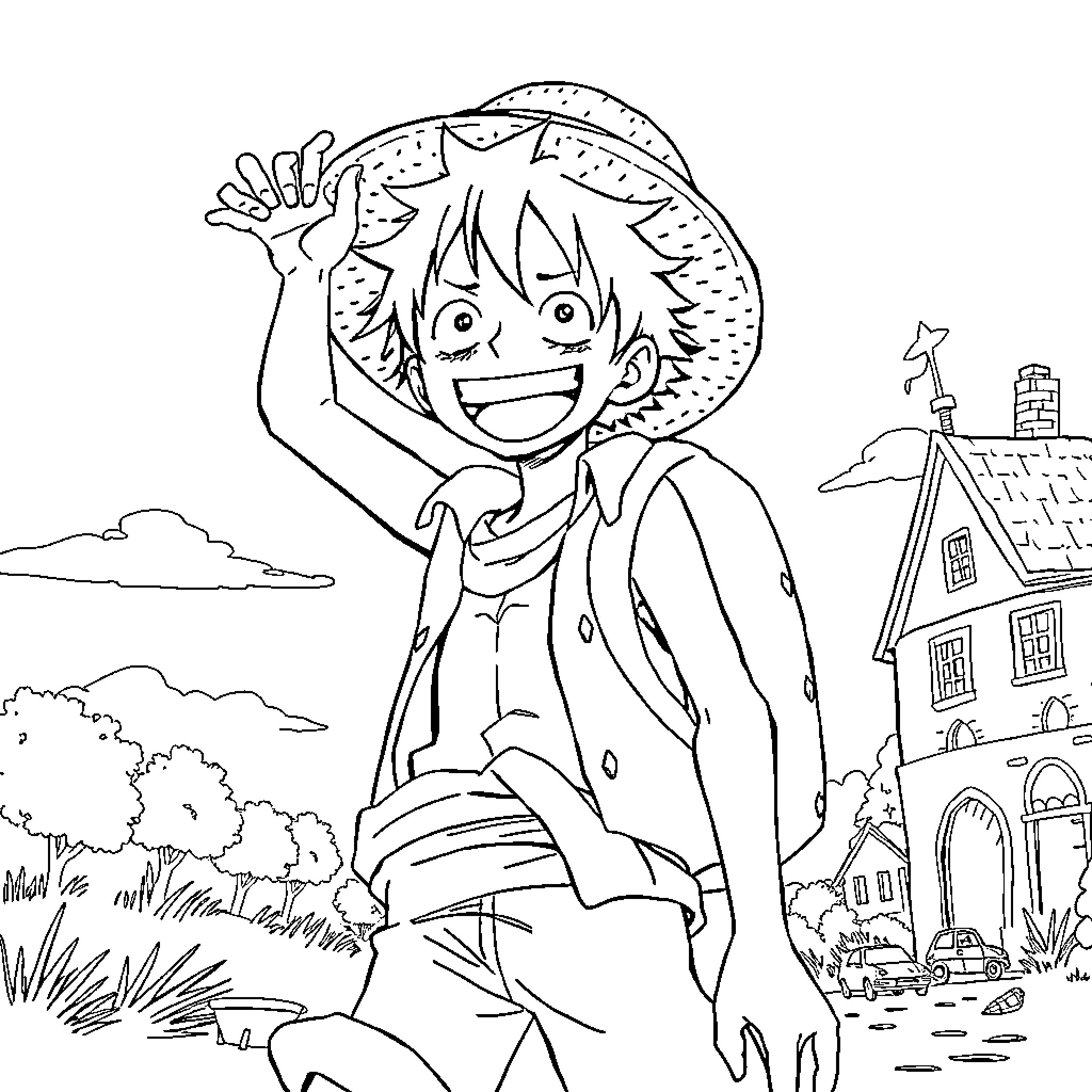 Luffy's Joyful Adventure in the Village Coloring Page (free black-and-white line drawing printable PDF for all, from beginners to advanced learners, including children, teens, adults, and seniors)