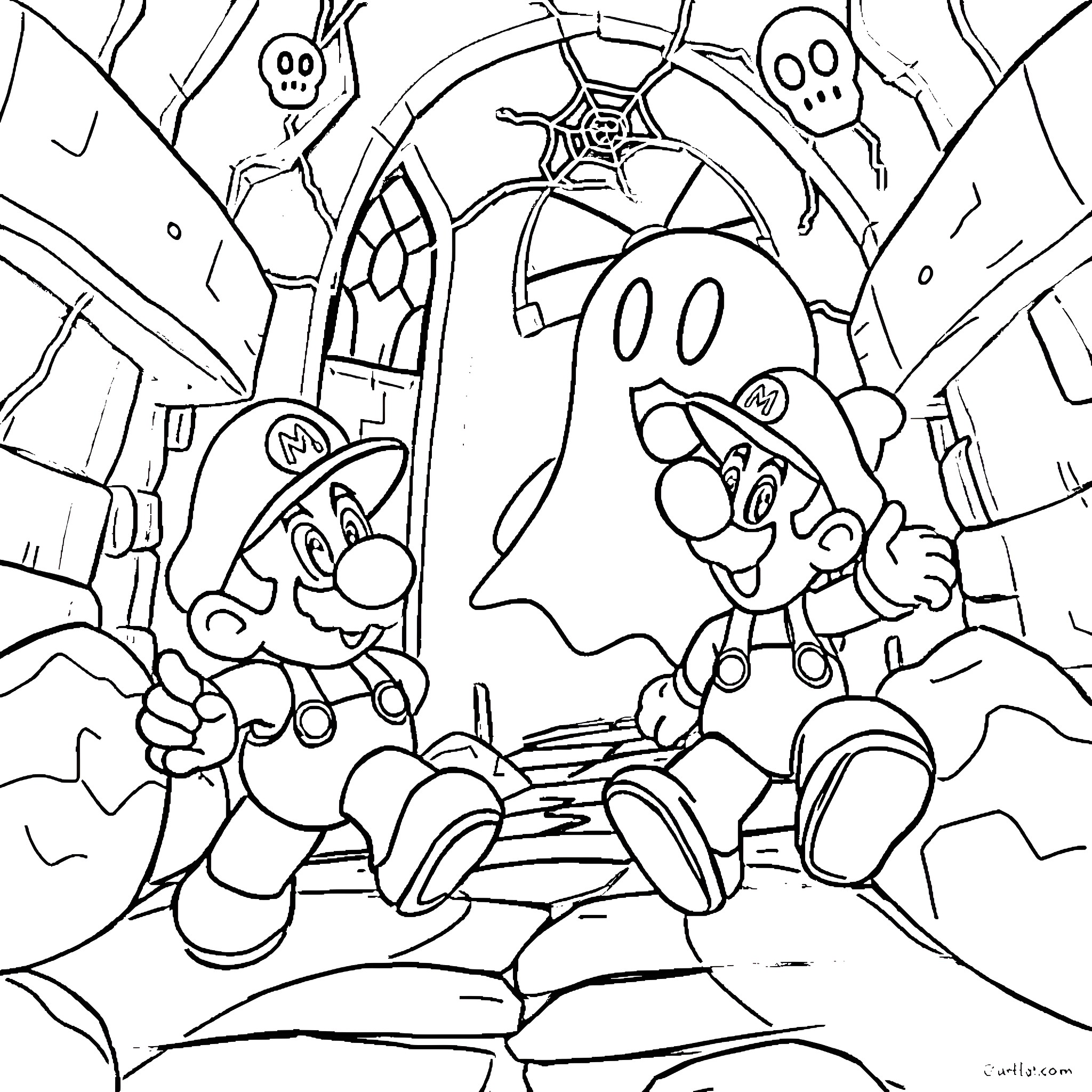 Mario and Luigi Explore a Spooky Haunted House Coloring Page (free black-and-white line drawing printable PDF for all, from beginners to advanced learners, including children, teens, adults, and seniors)