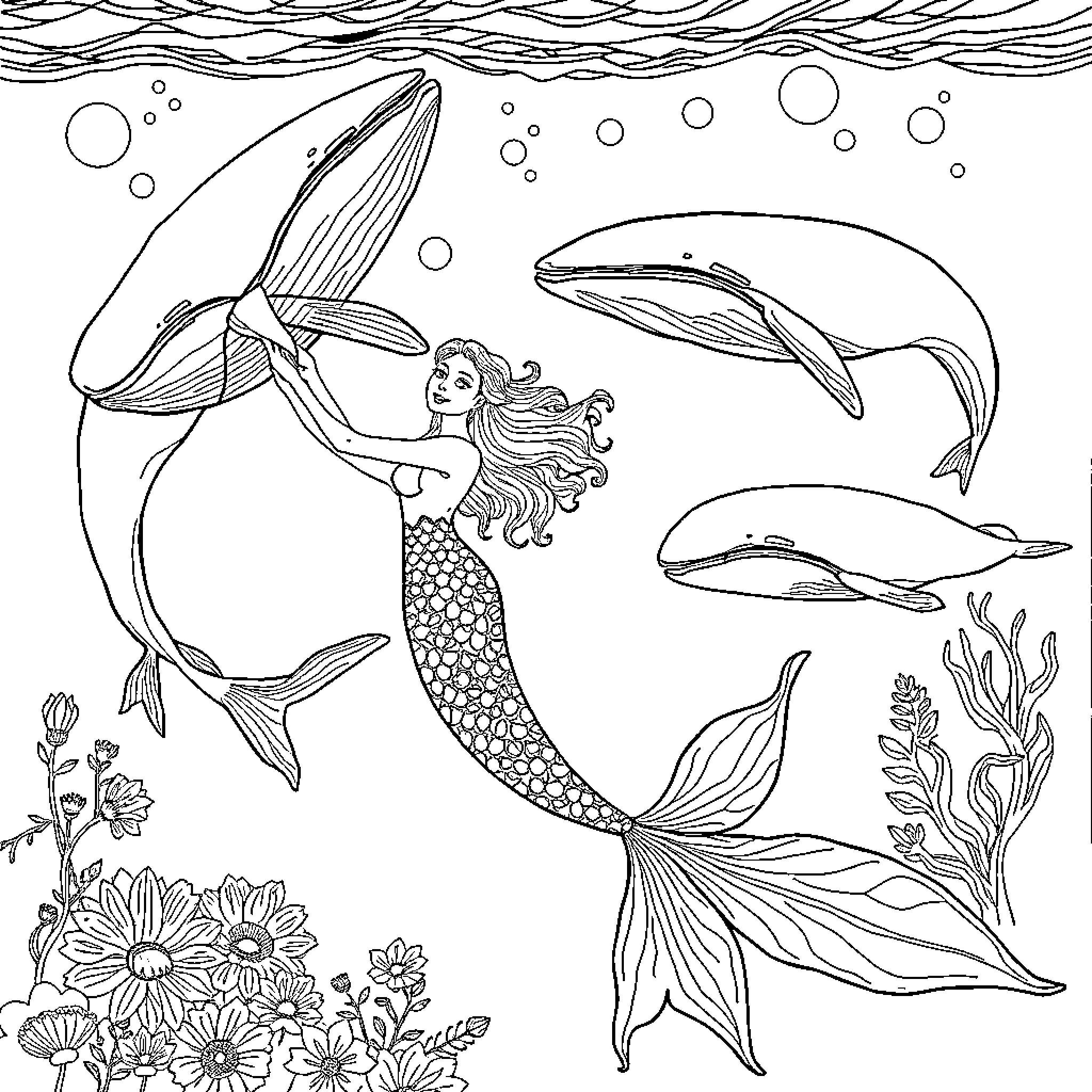Mermaid swimming gracefully among whales and marine flora Coloring Page (free black-and-white line drawing printable PDF for all, from beginners to advanced learners, including children, teens, adults, and seniors)