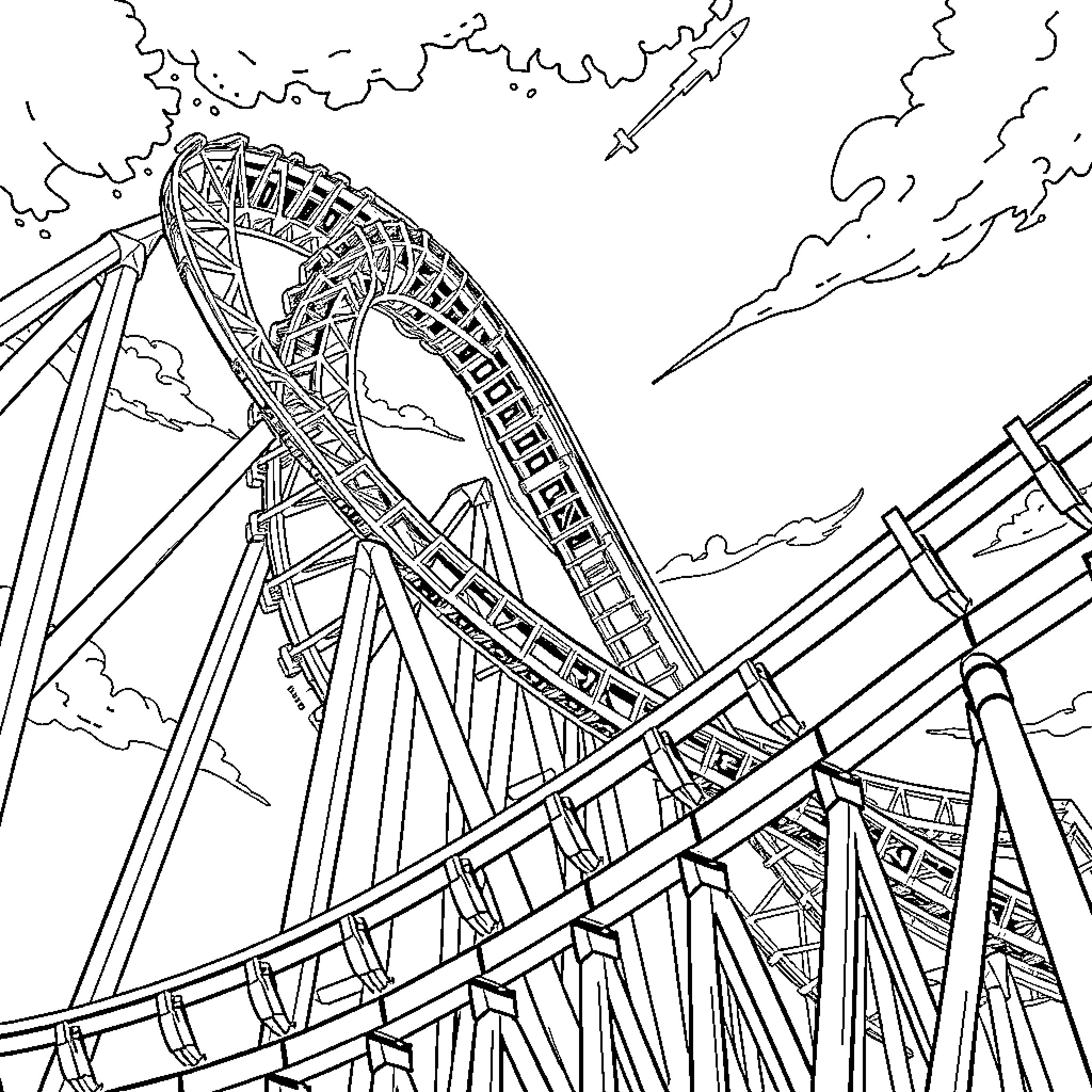 Rollercoaster with dramatic twists and turns Coloring Page (free black-and-white line drawing printable PDF for all, from beginners to advanced learners, including children, teens, adults, and seniors)