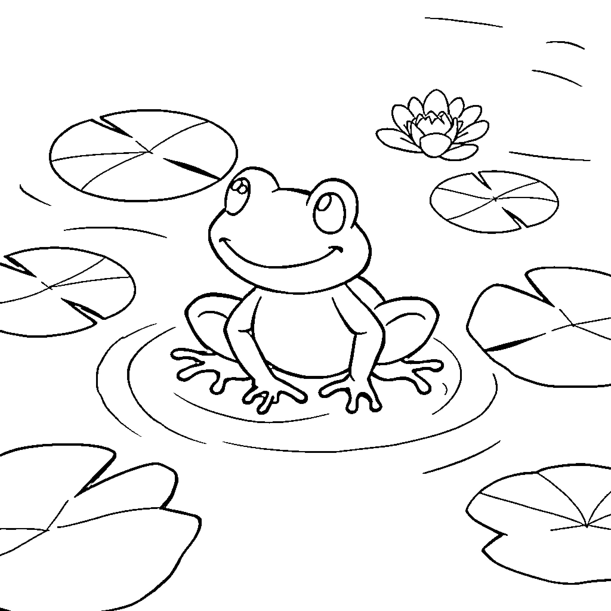 Frog relaxing on lily pads in pond Coloring Page (free black-and-white line drawing printable PDF for all, from beginners to advanced learners, including children, teens, adults, and seniors)
