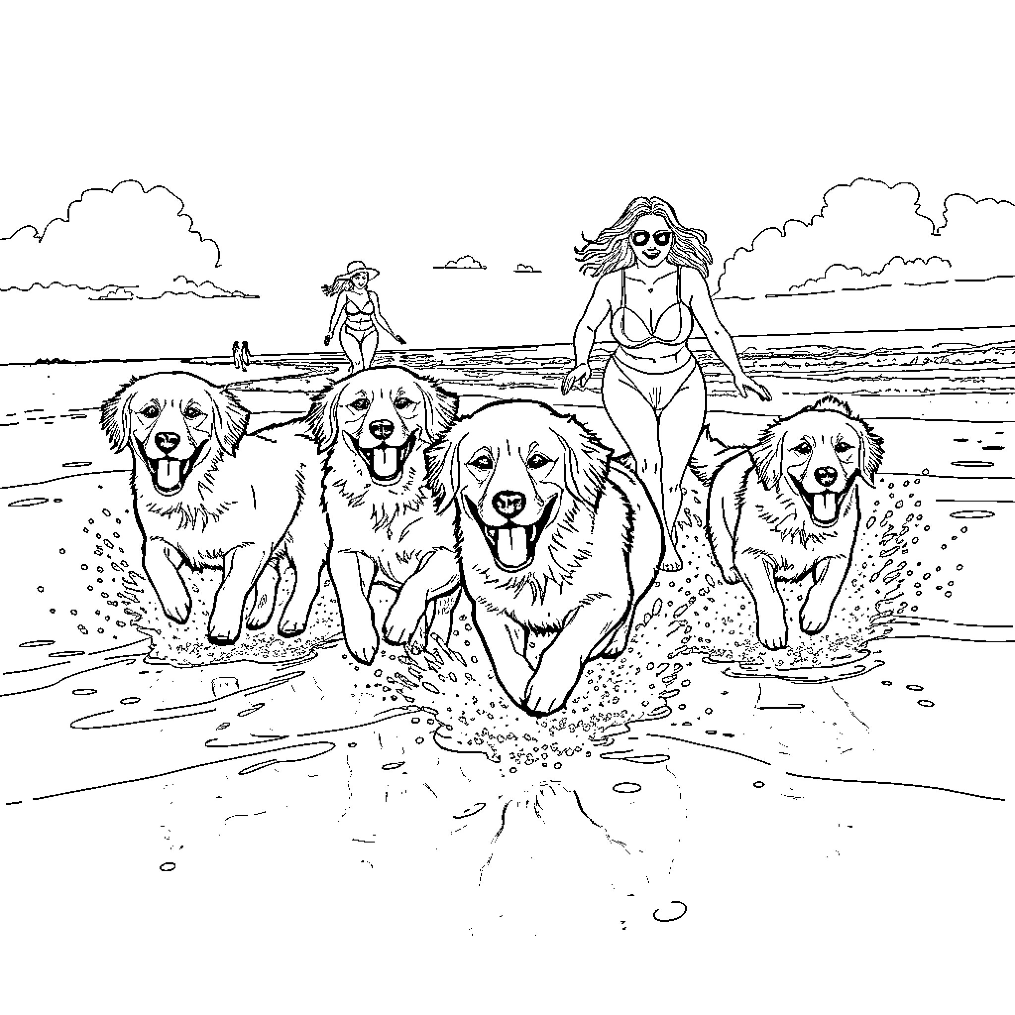 Golden Retrievers frolicking with beachgoers on the shoreline Coloring Page (free black-and-white line drawing printable PDF for all, from beginners to advanced learners, including children, teens, adults, and seniors)