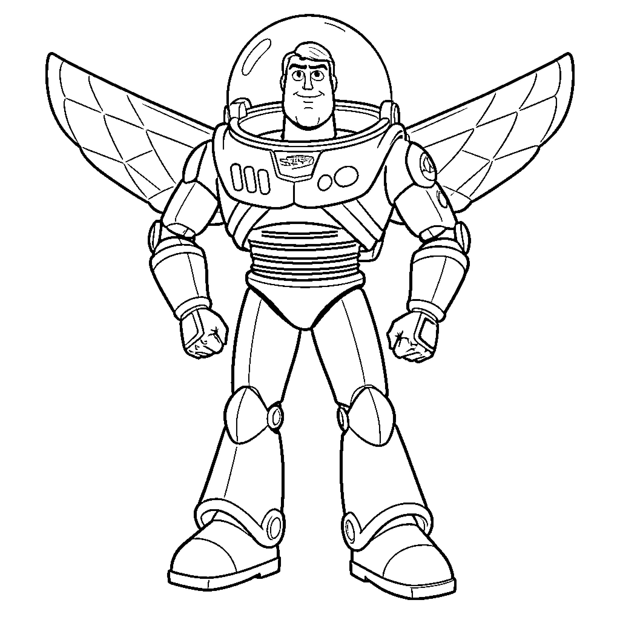 Buzz Lightyear wearing insect wings and smiling Coloring Page (free black-and-white line drawing printable PDF for all, from beginners to advanced learners, including children, teens, adults, and seniors)