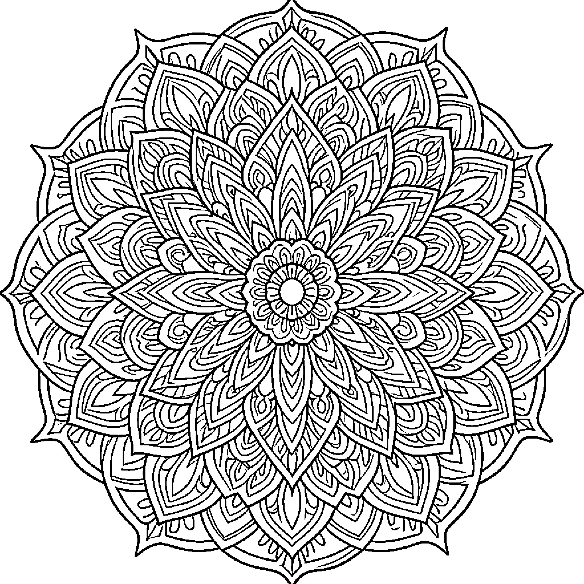 Mandalas featuring intricate symmetrical floral petal patterns Coloring Page (free black-and-white line drawing printable PDF for all, from beginners to advanced learners, including children, teens, adults, and seniors)