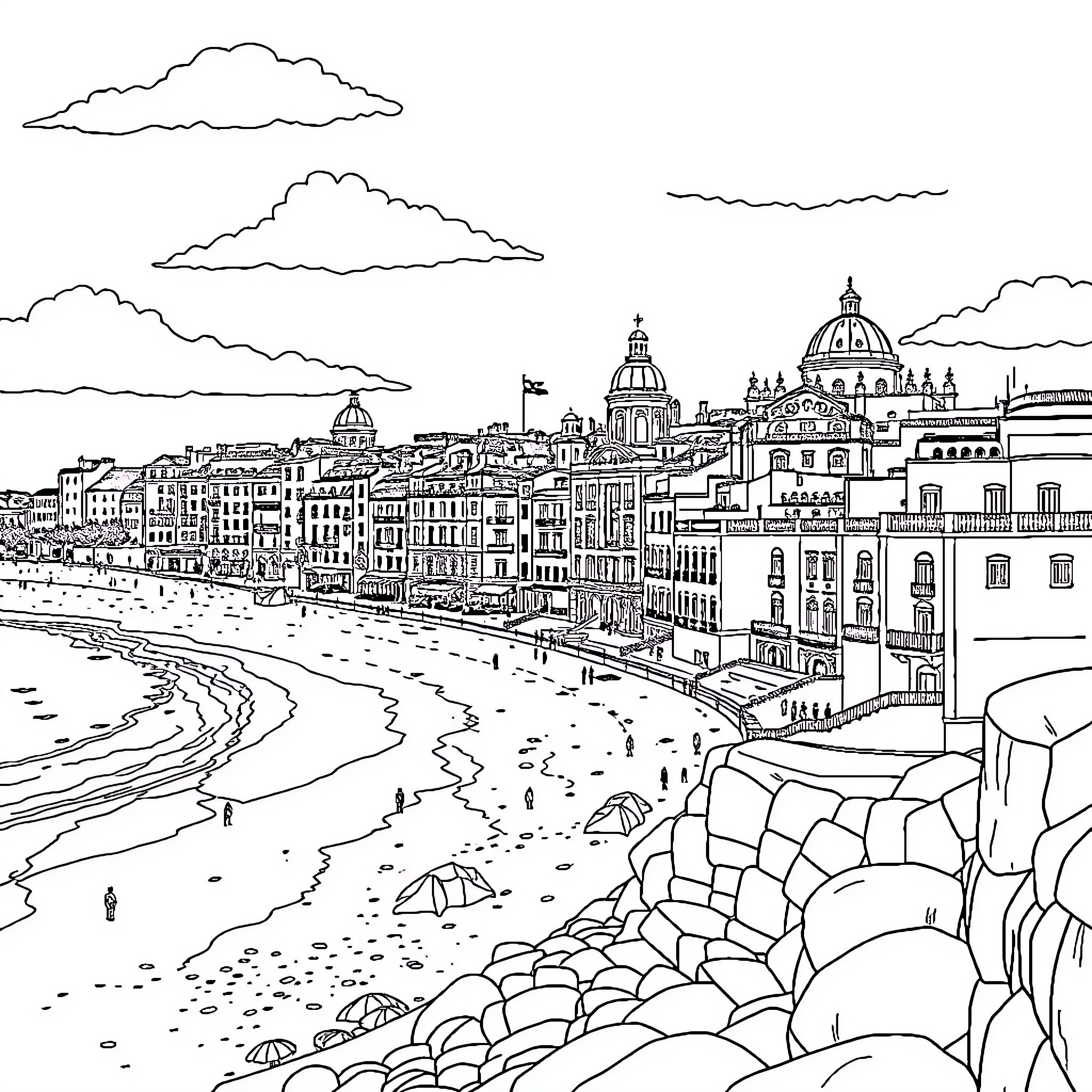 Cádiz coastal cityscape with historic architecture Coloring Page (free black-and-white line drawing printable PDF for all, from beginners to advanced learners, including children, teens, adults, and seniors)