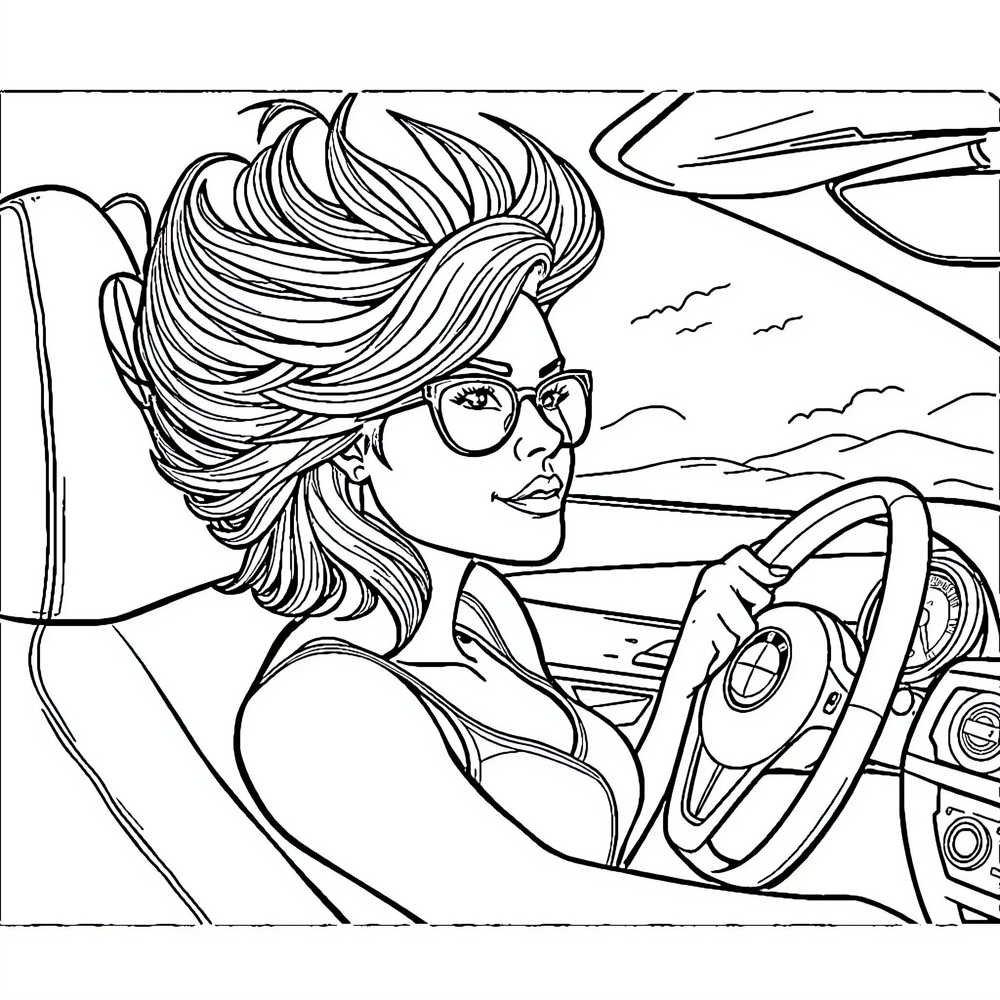 Vache driving convertible on scenic road Coloring Page (free black-and-white line drawing printable PDF for all, from beginners to advanced learners, including children, teens, adults, and seniors)