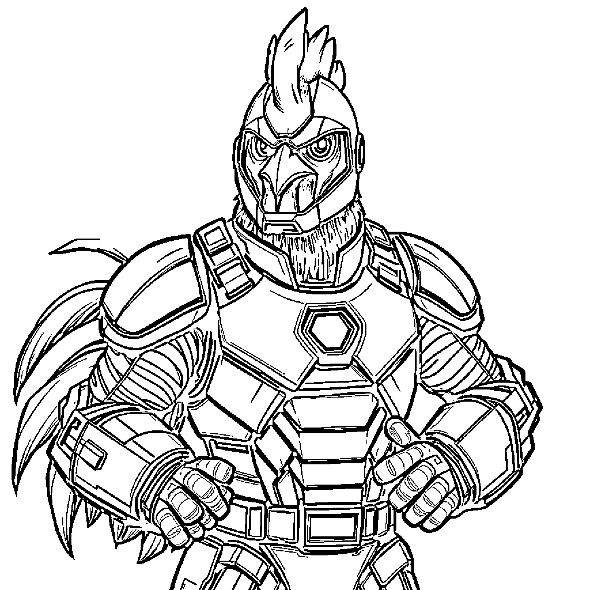 Chicken Jockey in Armored Gear Striking Aggressive Pose Coloring Page (free black-and-white line drawing printable PDF for all, from beginners to advanced learners, including children, teens, adults, and seniors)