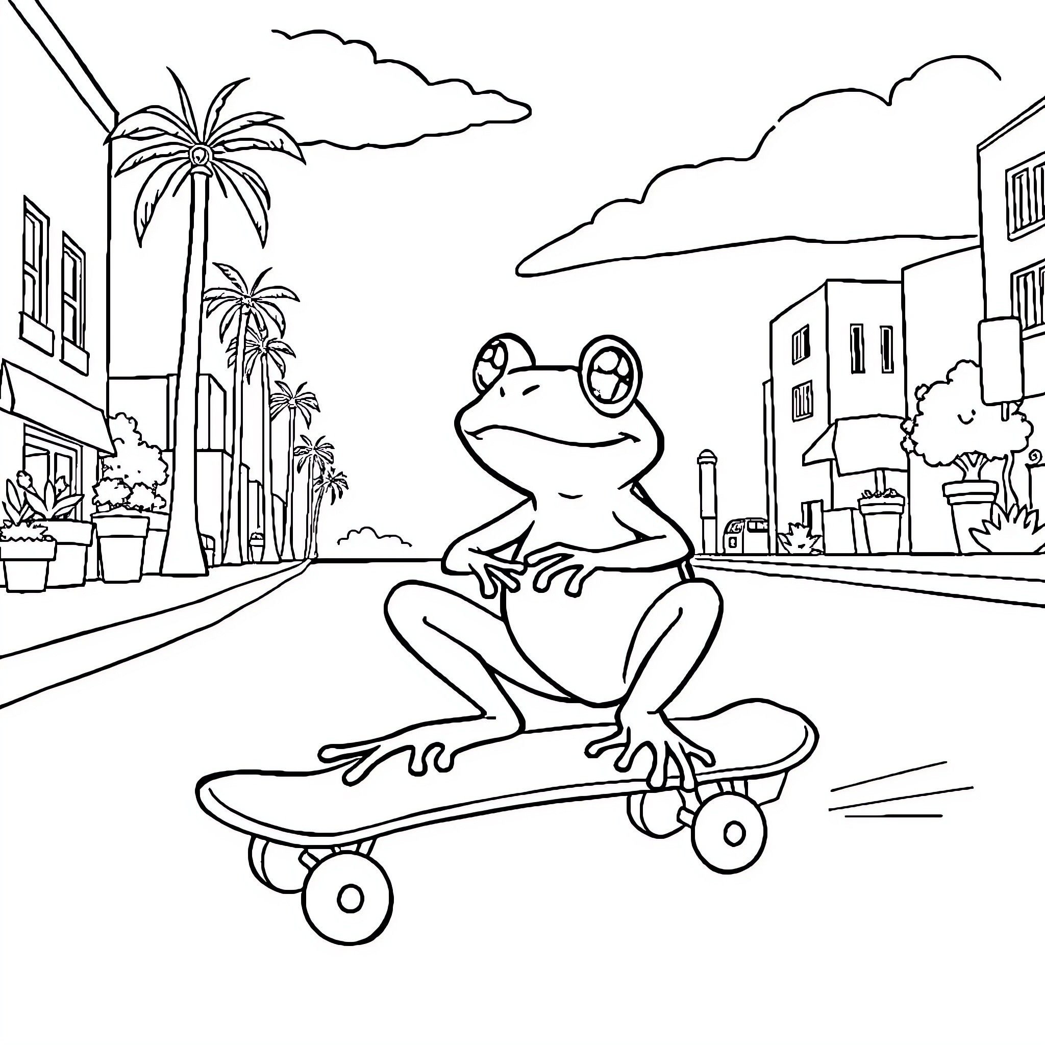 Frog riding a skateboard in the city Coloring Page (free black-and-white line drawing printable PDF for all, from beginners to advanced learners, including children, teens, adults, and seniors)
