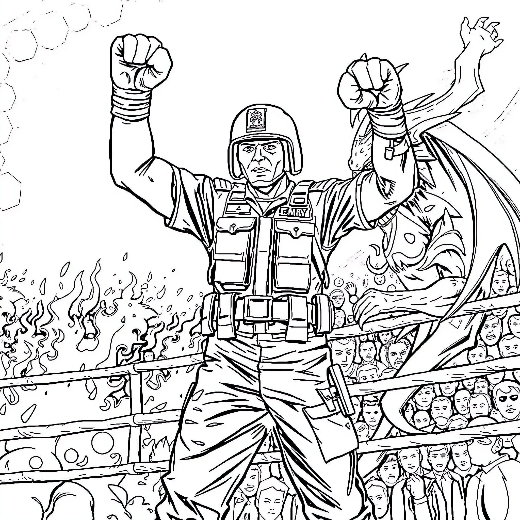 Soldier Raising Fists in Triumph over Crowd Coloring Page (free black-and-white line drawing printable PDF for all, from beginners to advanced learners, including children, teens, adults, and seniors)