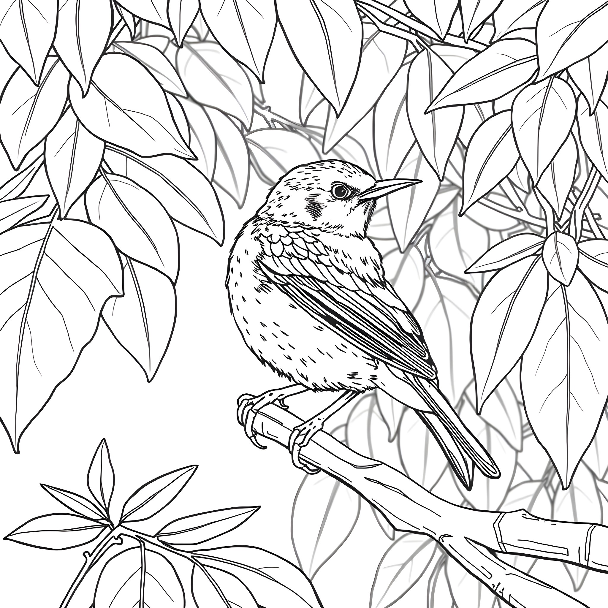 Spinus Tristis in a Foliage Filled Landscape Coloring Page (free black-and-white line drawing printable PDF for all, from beginners to advanced learners, including children, teens, adults, and seniors)
