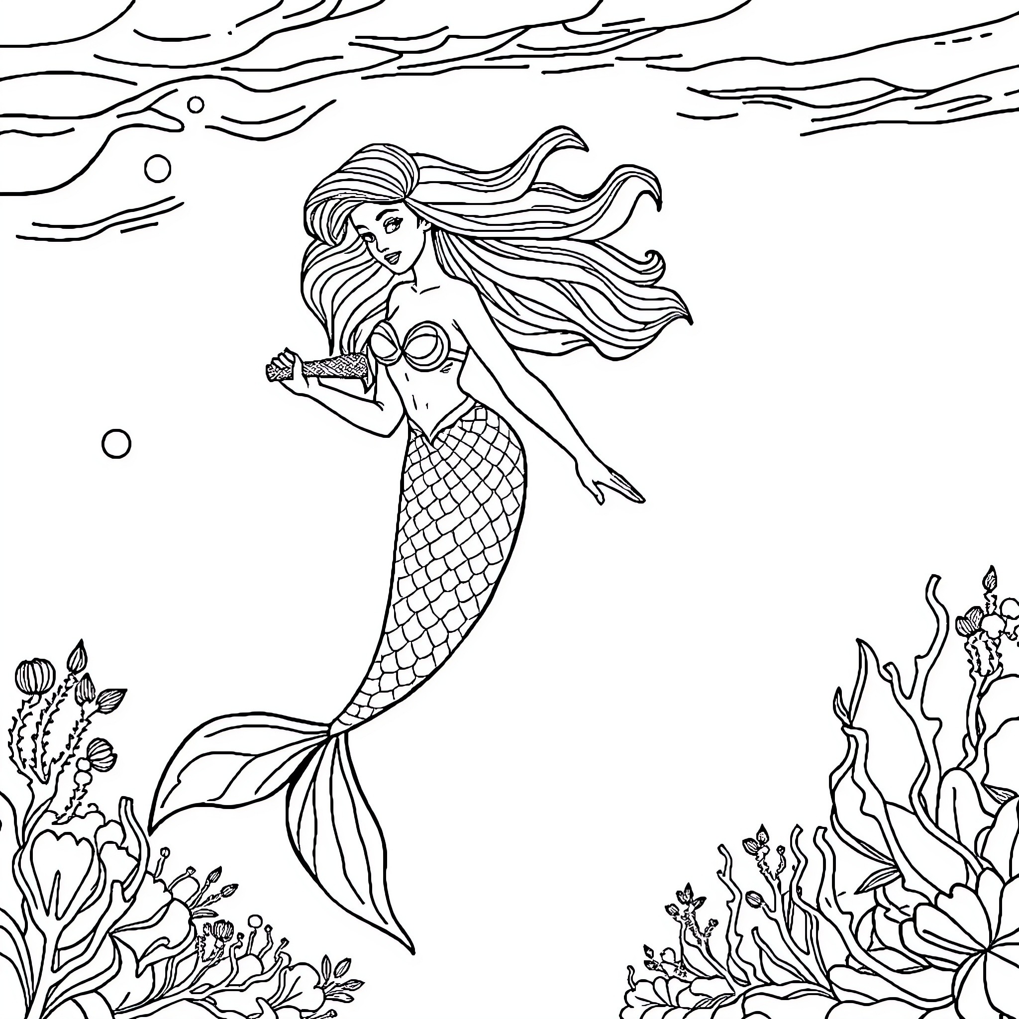 Mermaid swimming gracefully amidst oceanic flora Coloring Page (free black-and-white line drawing printable PDF for all, from beginners to advanced learners, including children, teens, adults, and seniors)