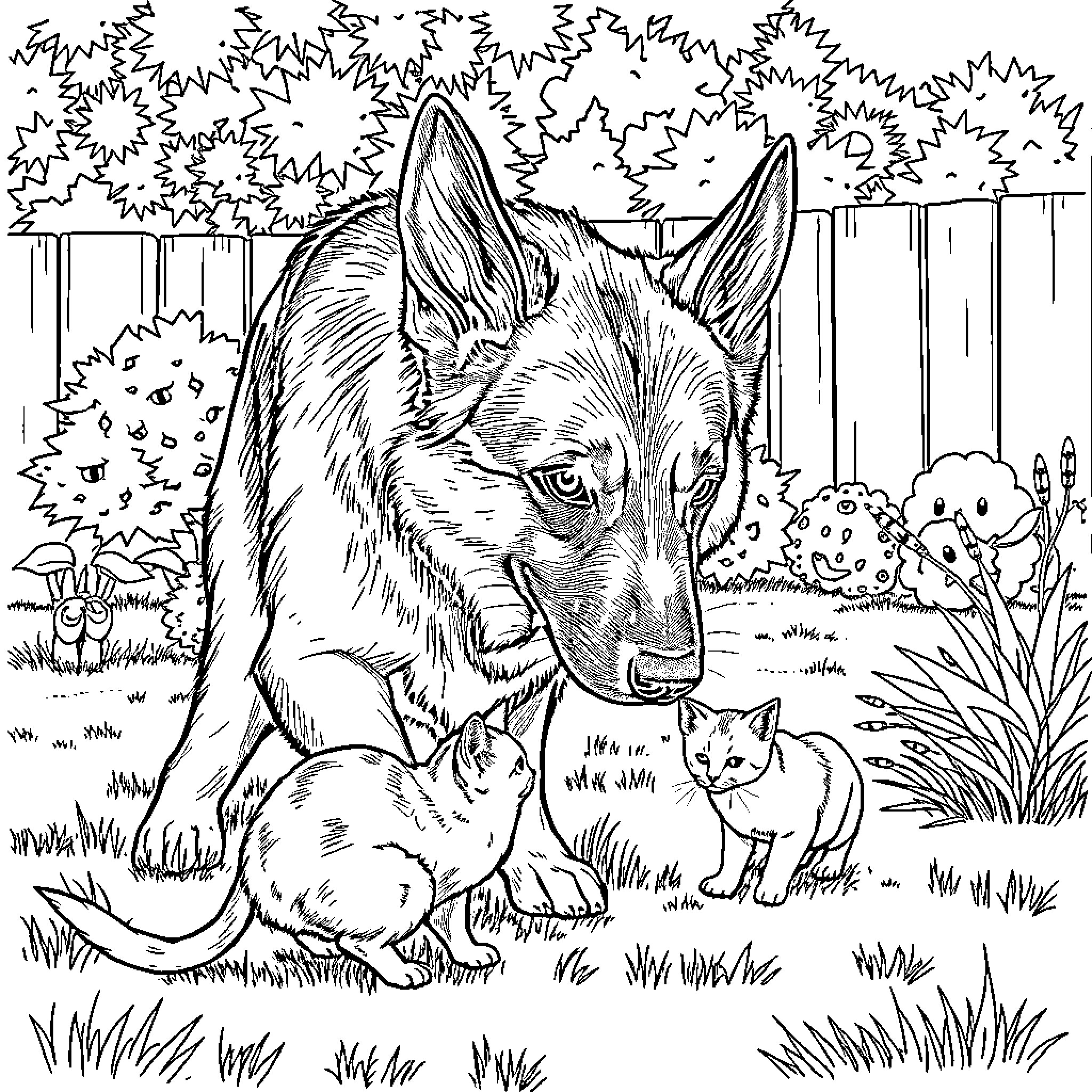 German Shepherd guarding curious kittens in nature Coloring Page (free black-and-white line drawing printable PDF for all, from beginners to advanced learners, including children, teens, adults, and seniors)