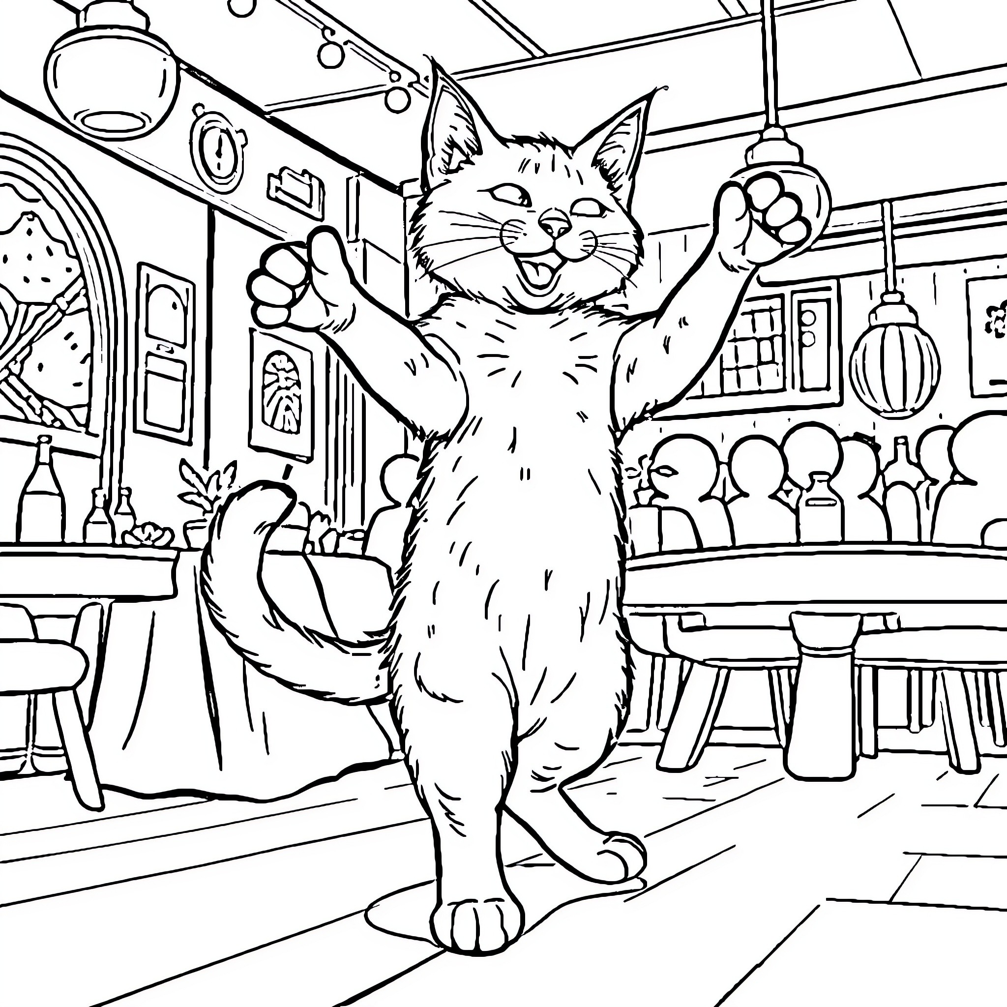 Cat waving happily in a cozy diner Coloring Page (free black-and-white line drawing printable PDF for all, from beginners to advanced learners, including children, teens, adults, and seniors)