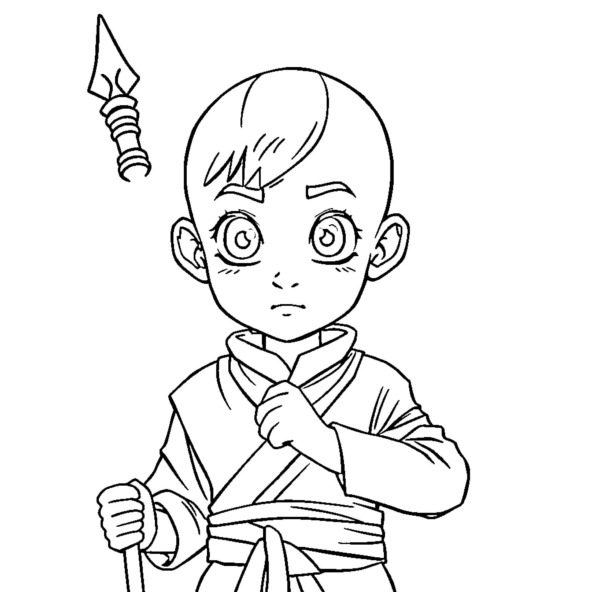 Aang wielding staff in contemplative stance Coloring Page (free black-and-white line drawing printable PDF for all, from beginners to advanced learners, including children, teens, adults, and seniors)