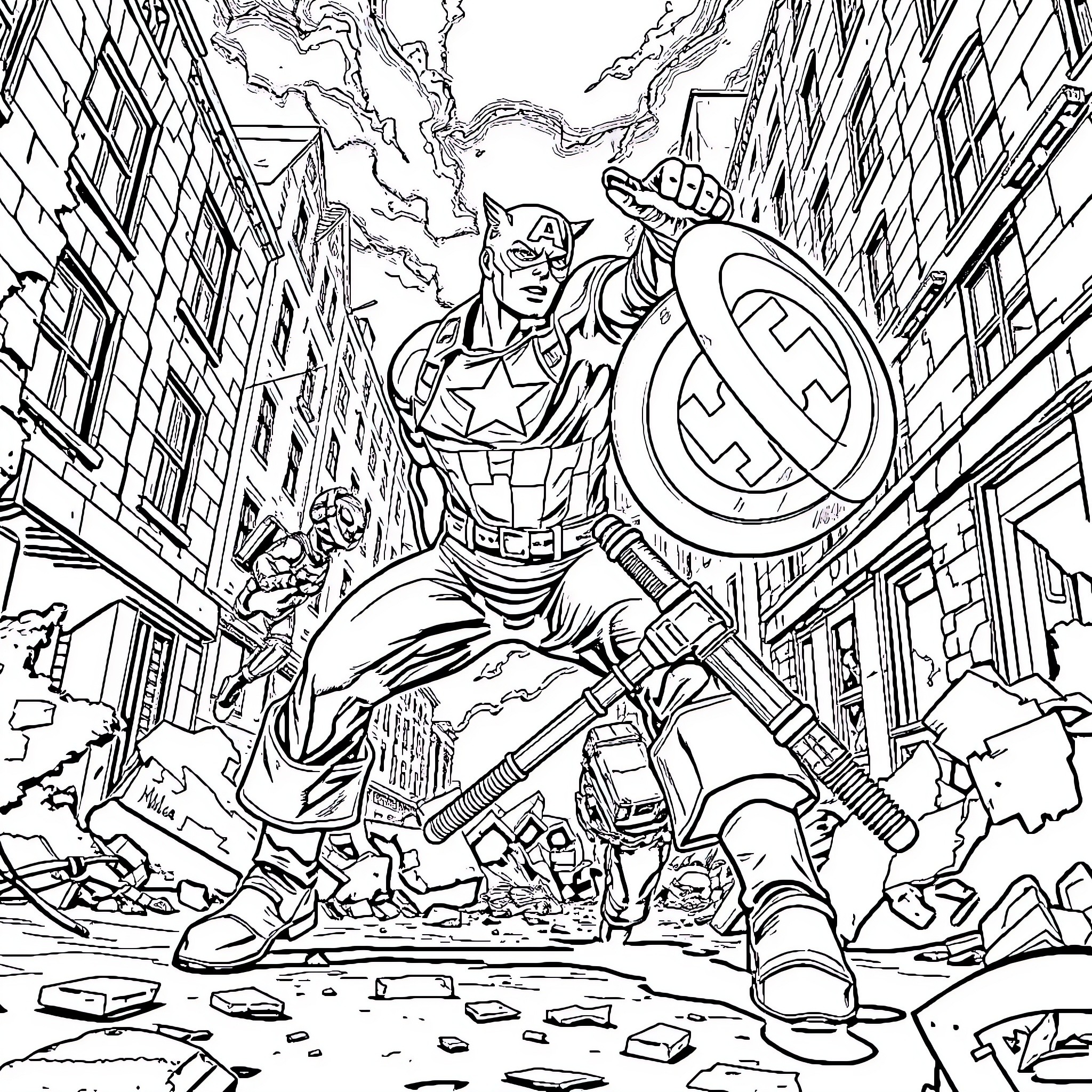 Captain America Standing Tall, Shielding the City Coloring Page (free black-and-white line drawing printable PDF for all, from beginners to advanced learners, including children, teens, adults, and seniors)