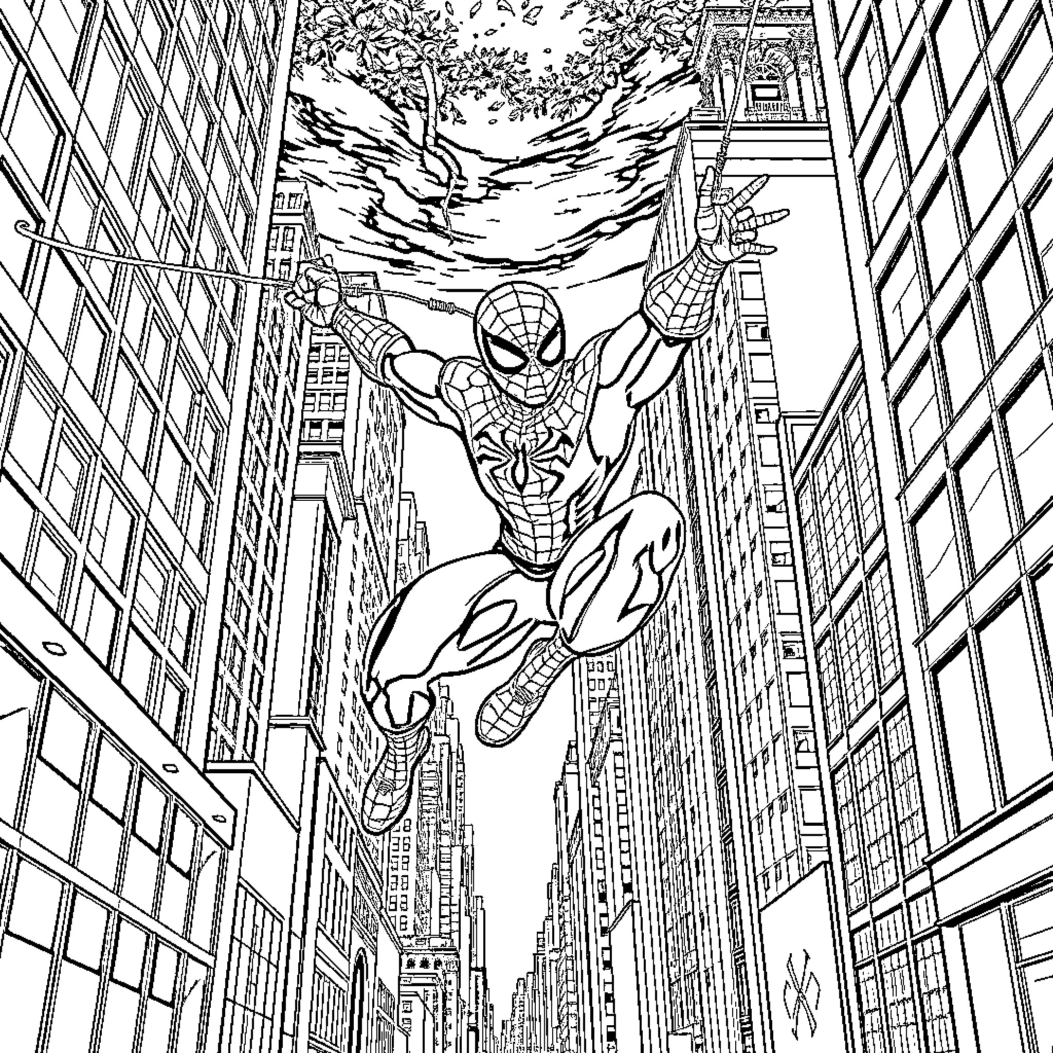 Spiderman swinging through the city skyline Coloring Page (free black-and-white line drawing printable PDF for all, from beginners to advanced learners, including children, teens, adults, and seniors)
