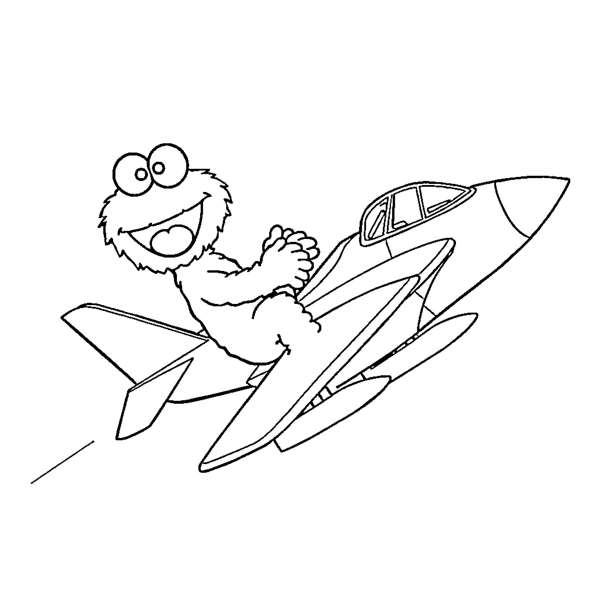 Elmo riding a jet plane with excitement Coloring Page (free black-and-white line drawing printable PDF for all, from beginners to advanced learners, including children, teens, adults, and seniors)