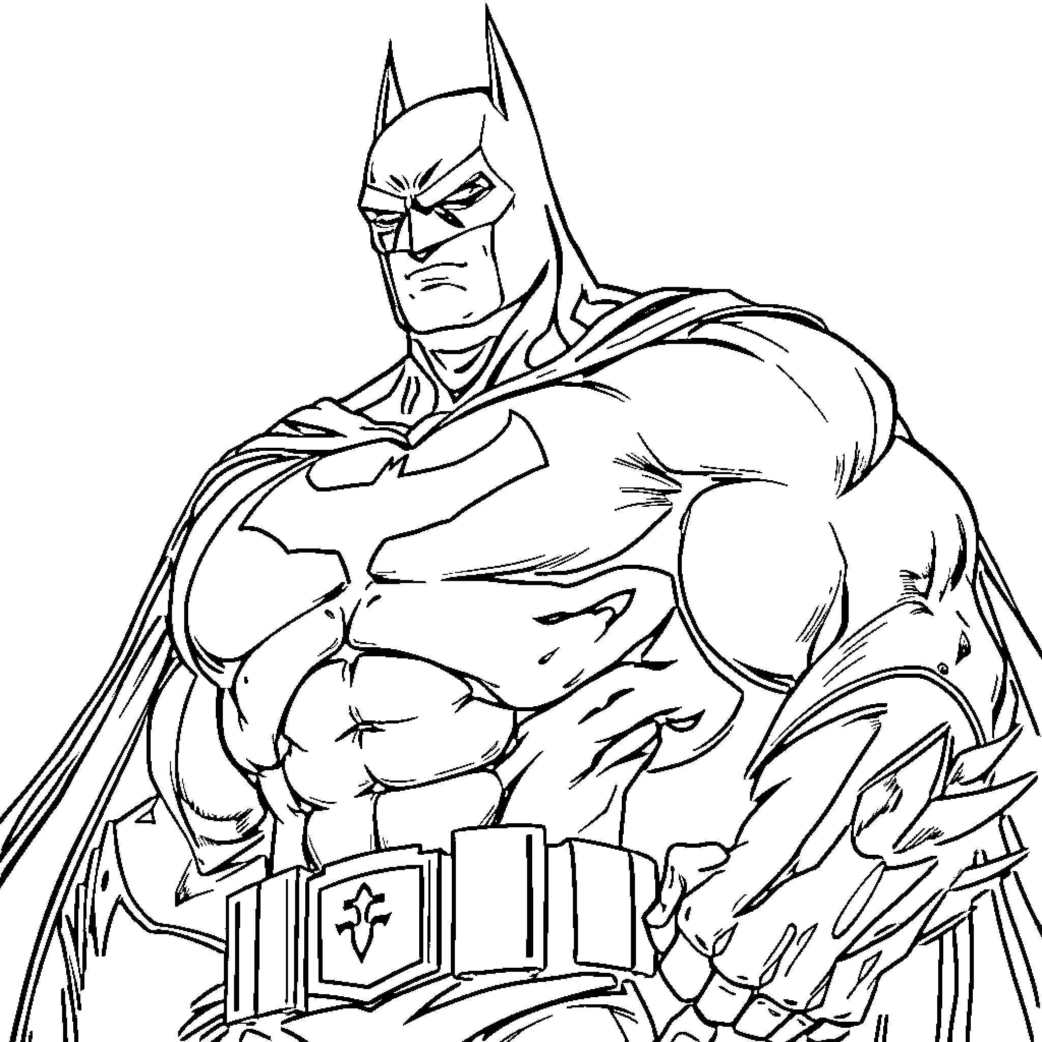 Batman in a heroic stance with a determined expression Coloring Page (free black-and-white line drawing printable PDF for all, from beginners to advanced learners, including children, teens, adults, and seniors)