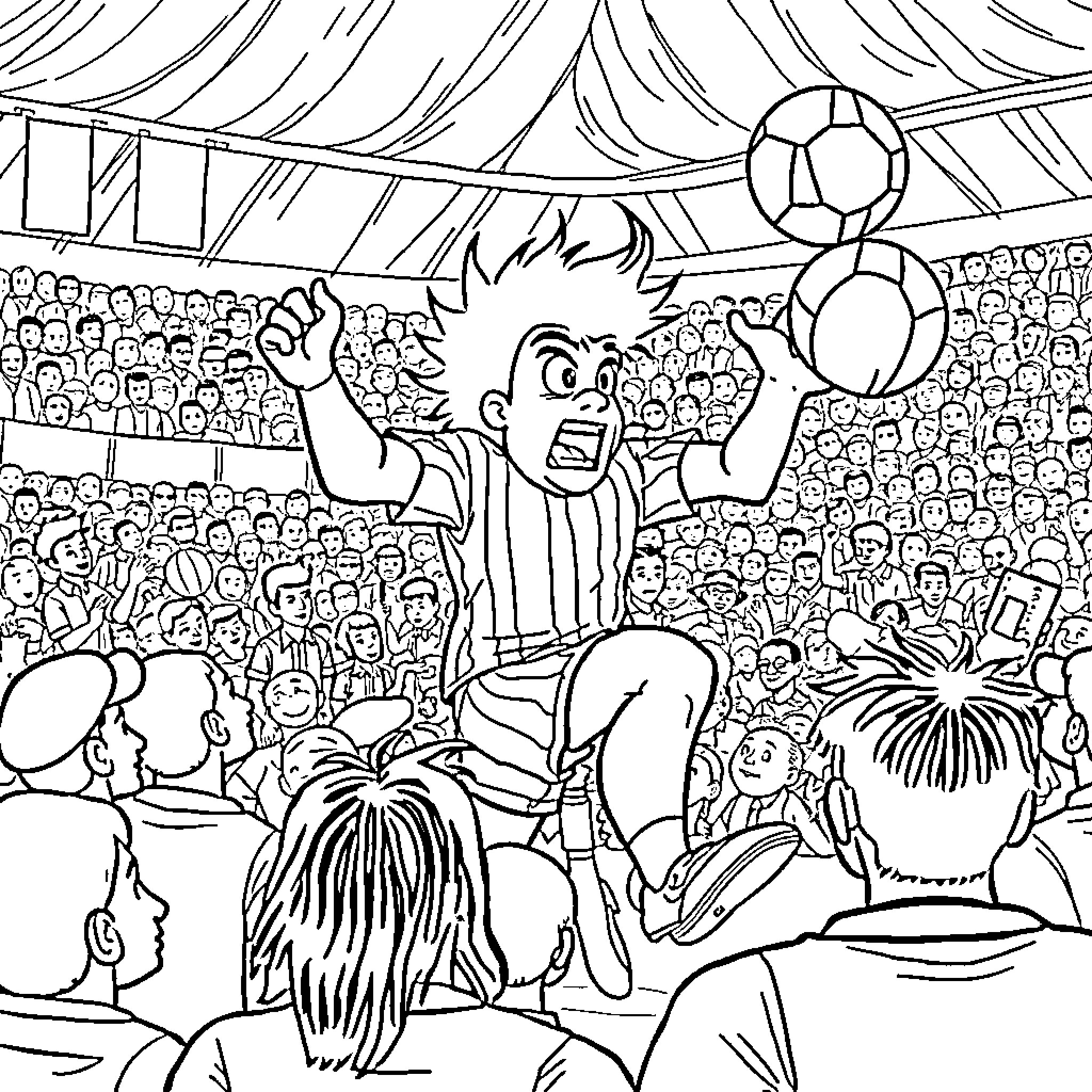 Demogorgon playing ball with excited crowd Coloring Page (free black-and-white line drawing printable PDF for all, from beginners to advanced learners, including children, teens, adults, and seniors)