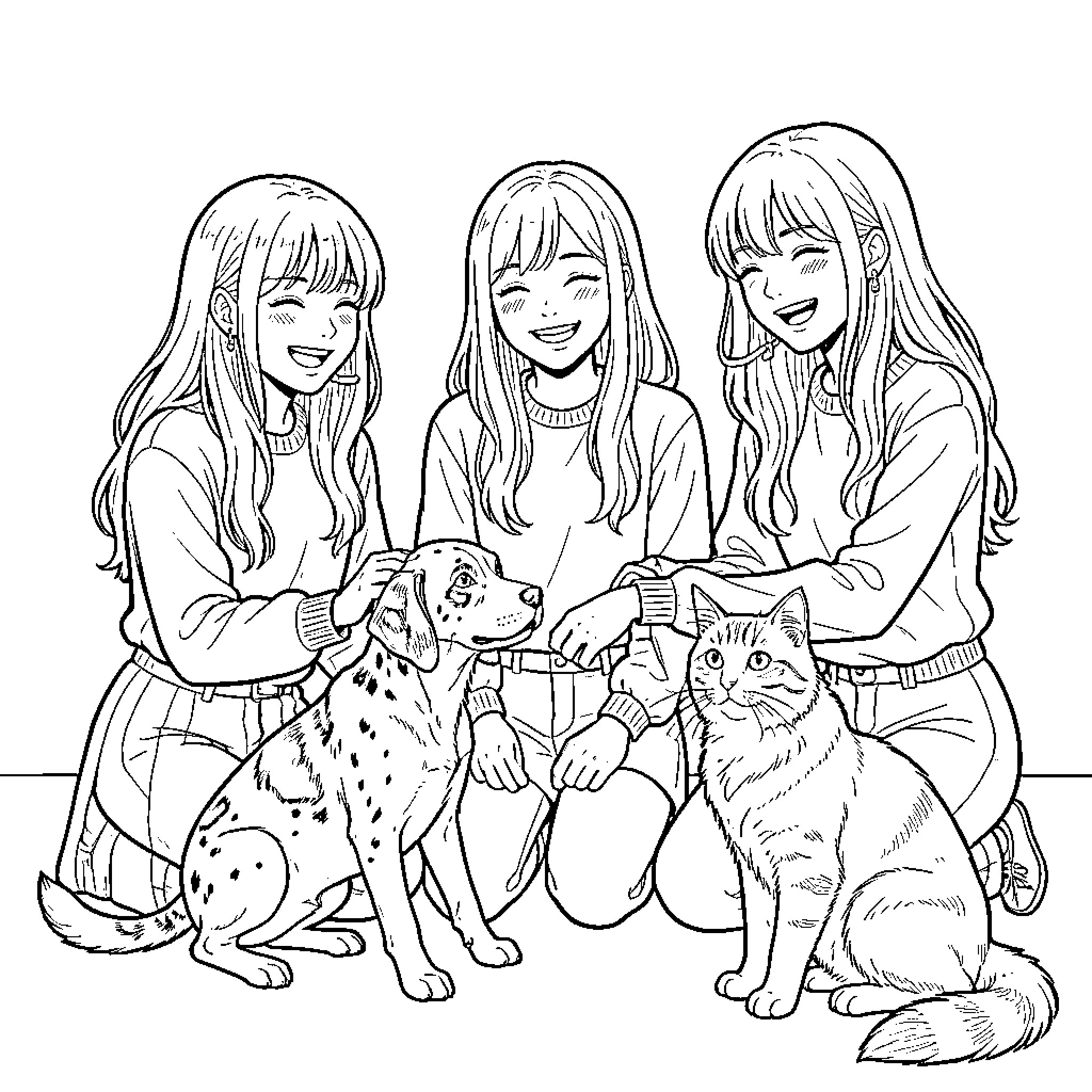 K-pop Girl group smiling while playing with pets Coloring Page (free black-and-white line drawing printable PDF for all, from beginners to advanced learners, including children, teens, adults, and seniors)