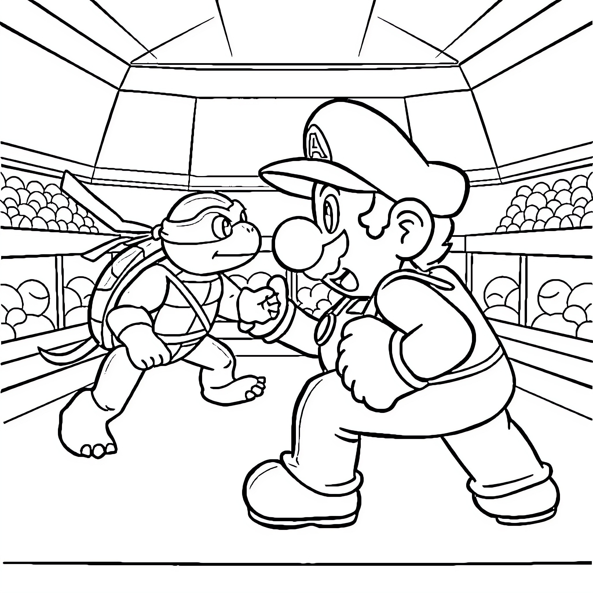 Mario's Friendly Wrestling Match in the Stadium Coloring Page (free black-and-white line drawing printable PDF for all, from beginners to advanced learners, including children, teens, adults, and seniors)