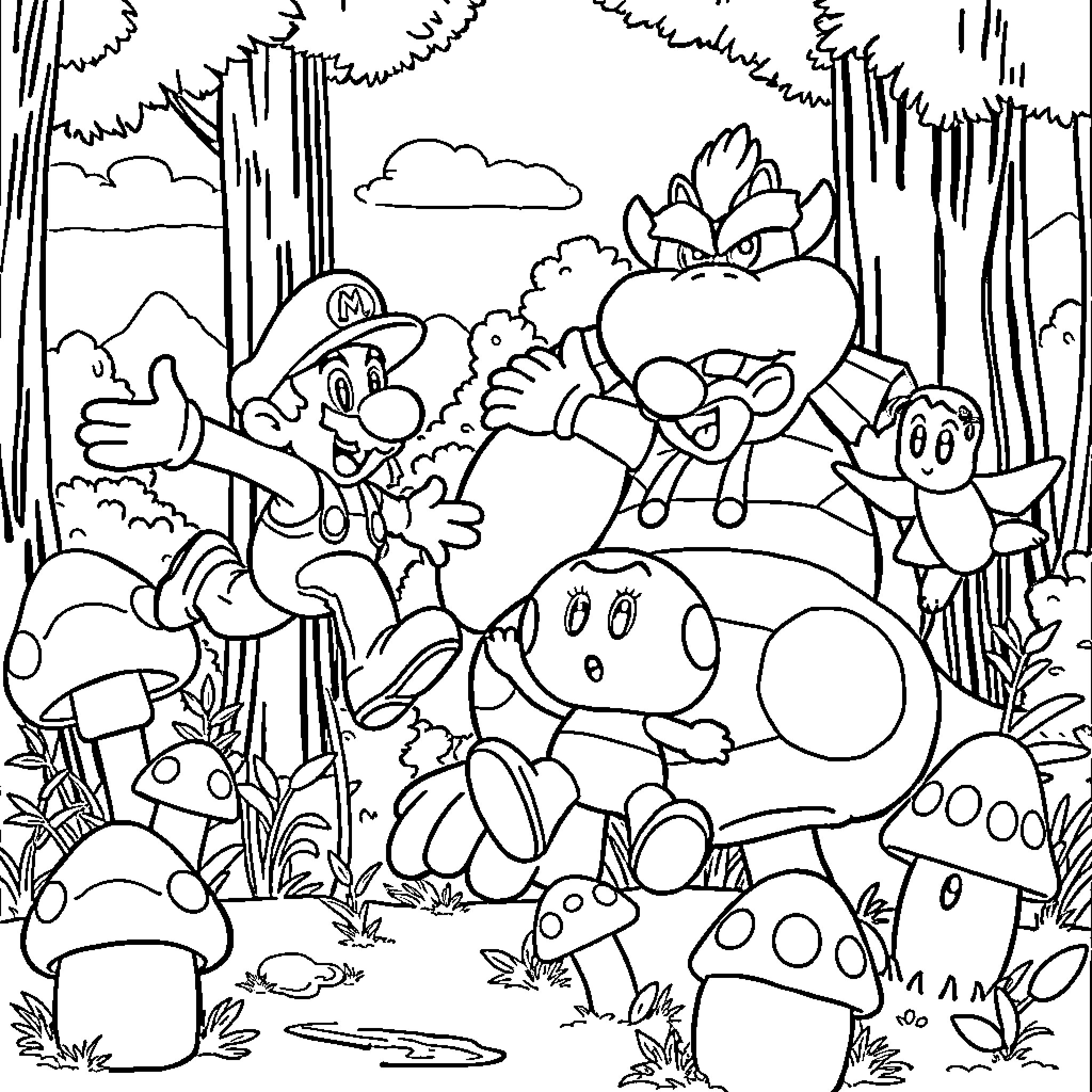 Mario and friends exploring the mysterious forest Coloring Page (free black-and-white line drawing printable PDF for all, from beginners to advanced learners, including children, teens, adults, and seniors)