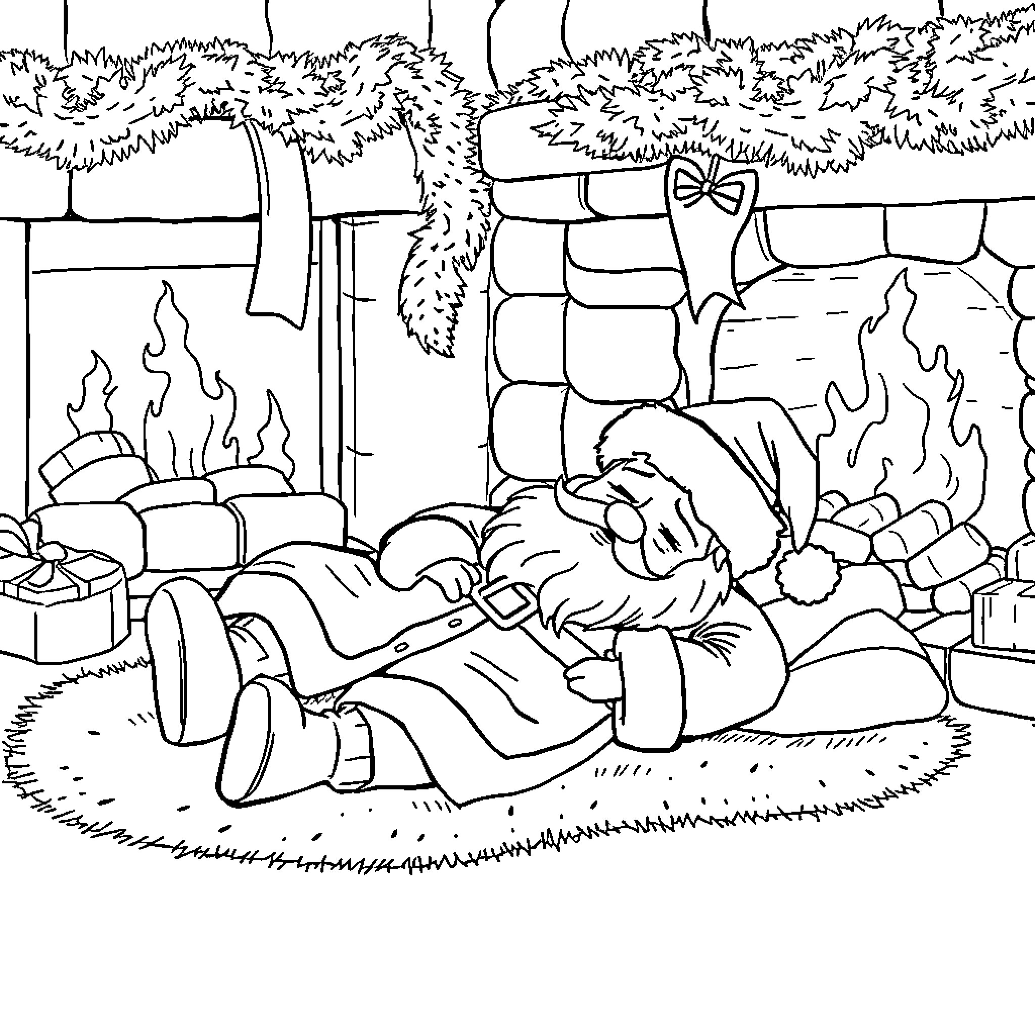 Santa resting by the cozy fireplace Coloring Page (free black-and-white line drawing printable PDF for all, from beginners to advanced learners, including children, teens, adults, and seniors)