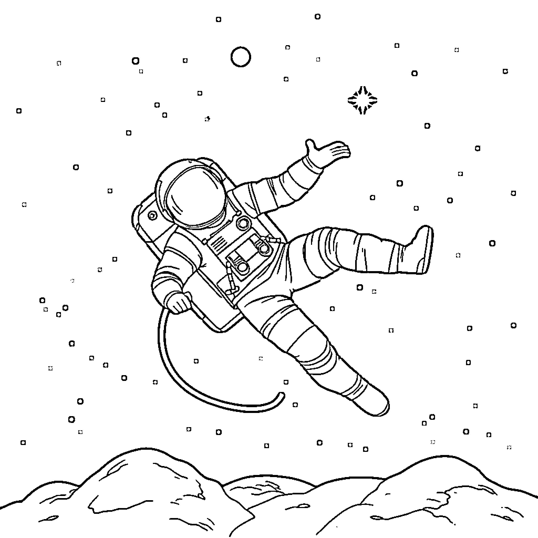 Astronaut floating in space above mountainous terrain Coloring Page (free black-and-white line drawing printable PDF for all, from beginners to advanced learners, including children, teens, adults, and seniors)