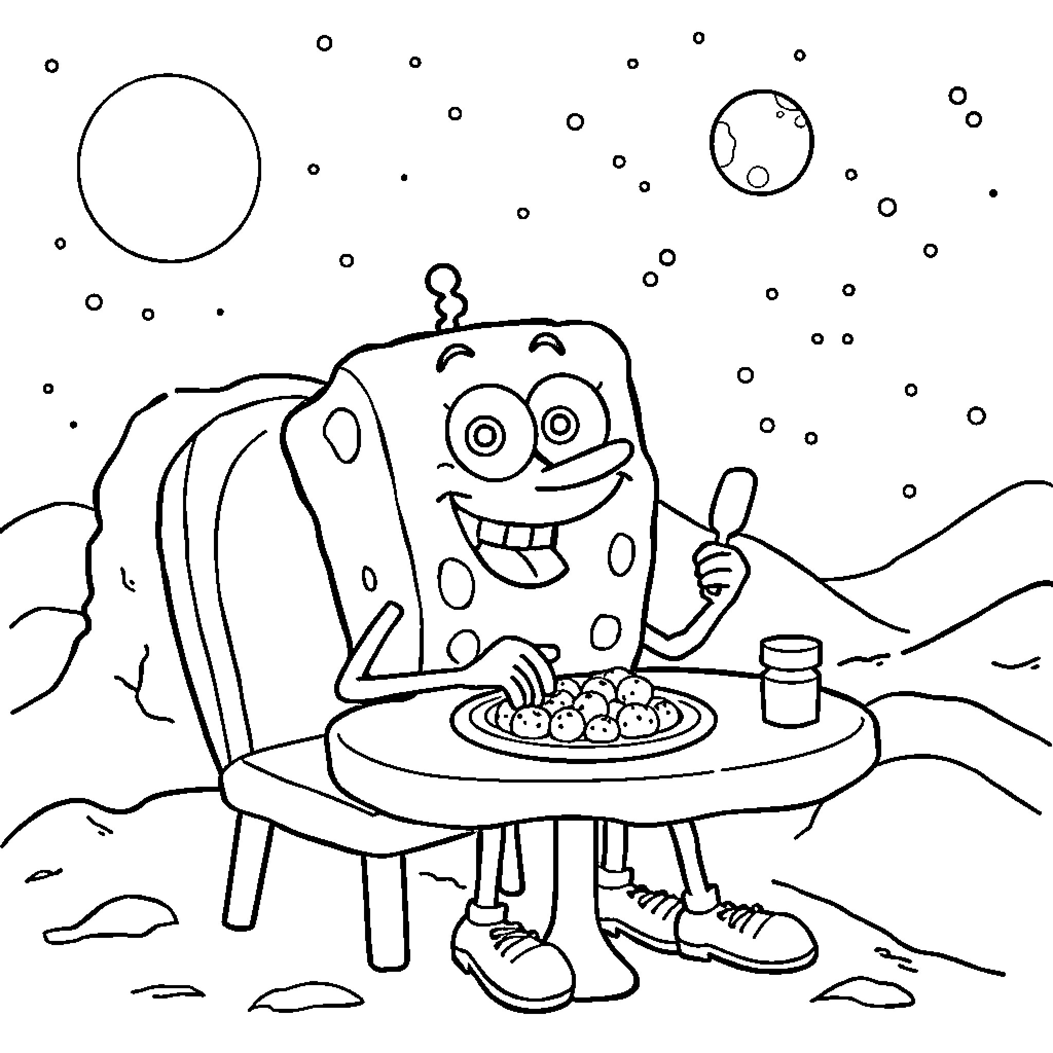 Spongebob enjoying a meal under the stars Coloring Page (free black-and-white line drawing printable PDF for all, from beginners to advanced learners, including children, teens, adults, and seniors)