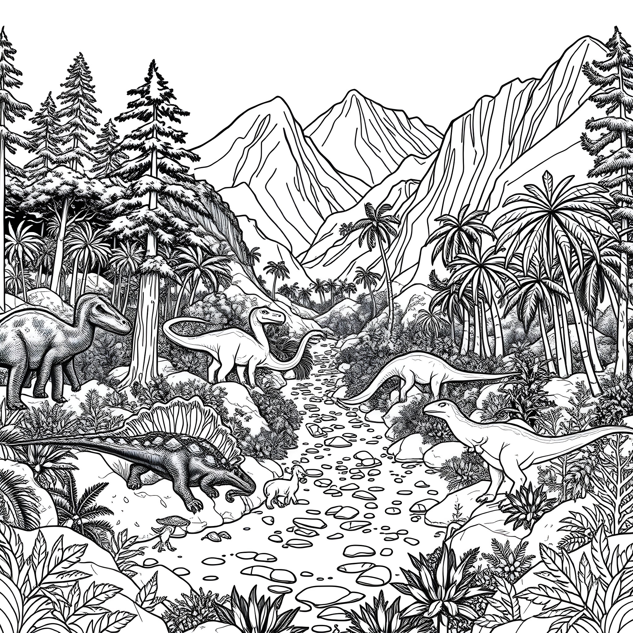 Dinosaurs roaming in the prehistoric jungle landscape Coloring Page (free black-and-white line drawing printable PDF for all, from beginners to advanced learners, including children, teens, adults, and seniors)