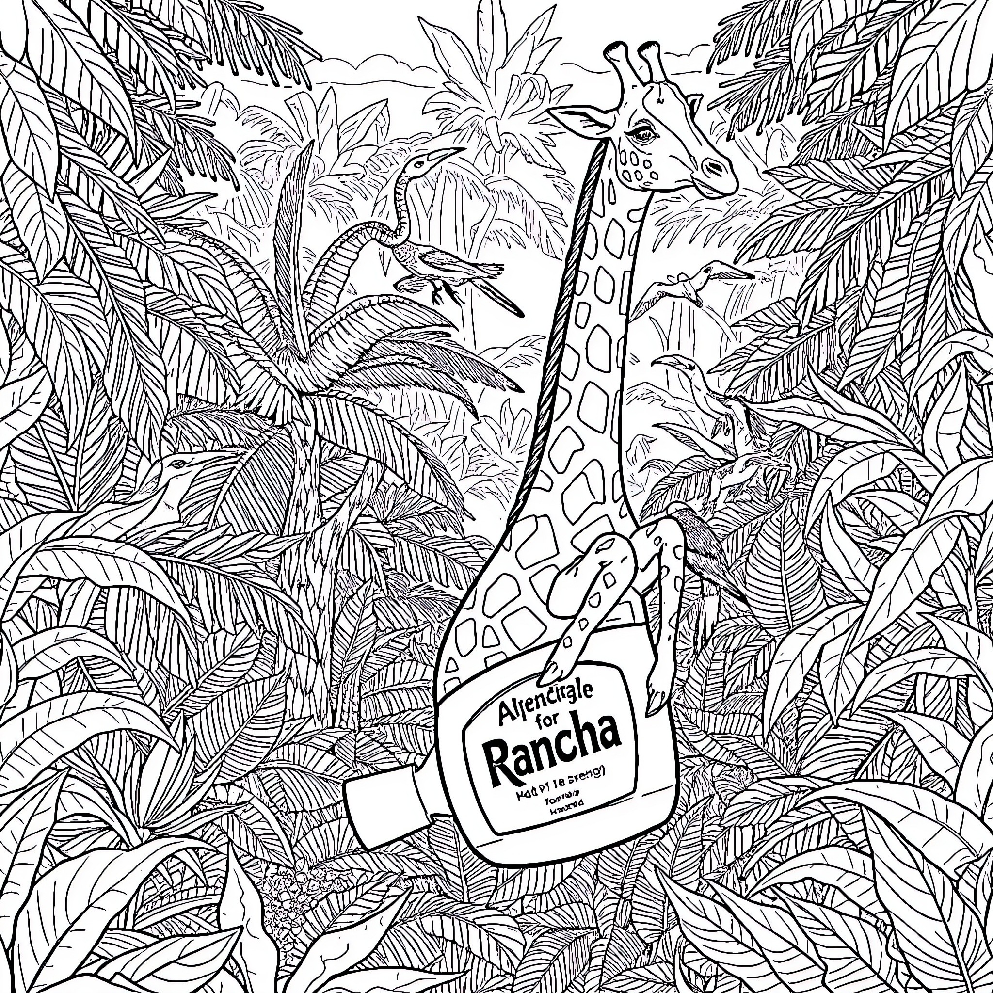 Giraffe exploring the lush jungle with tropical plants Coloring Page (free black-and-white line drawing printable PDF for all, from beginners to advanced learners, including children, teens, adults, and seniors)