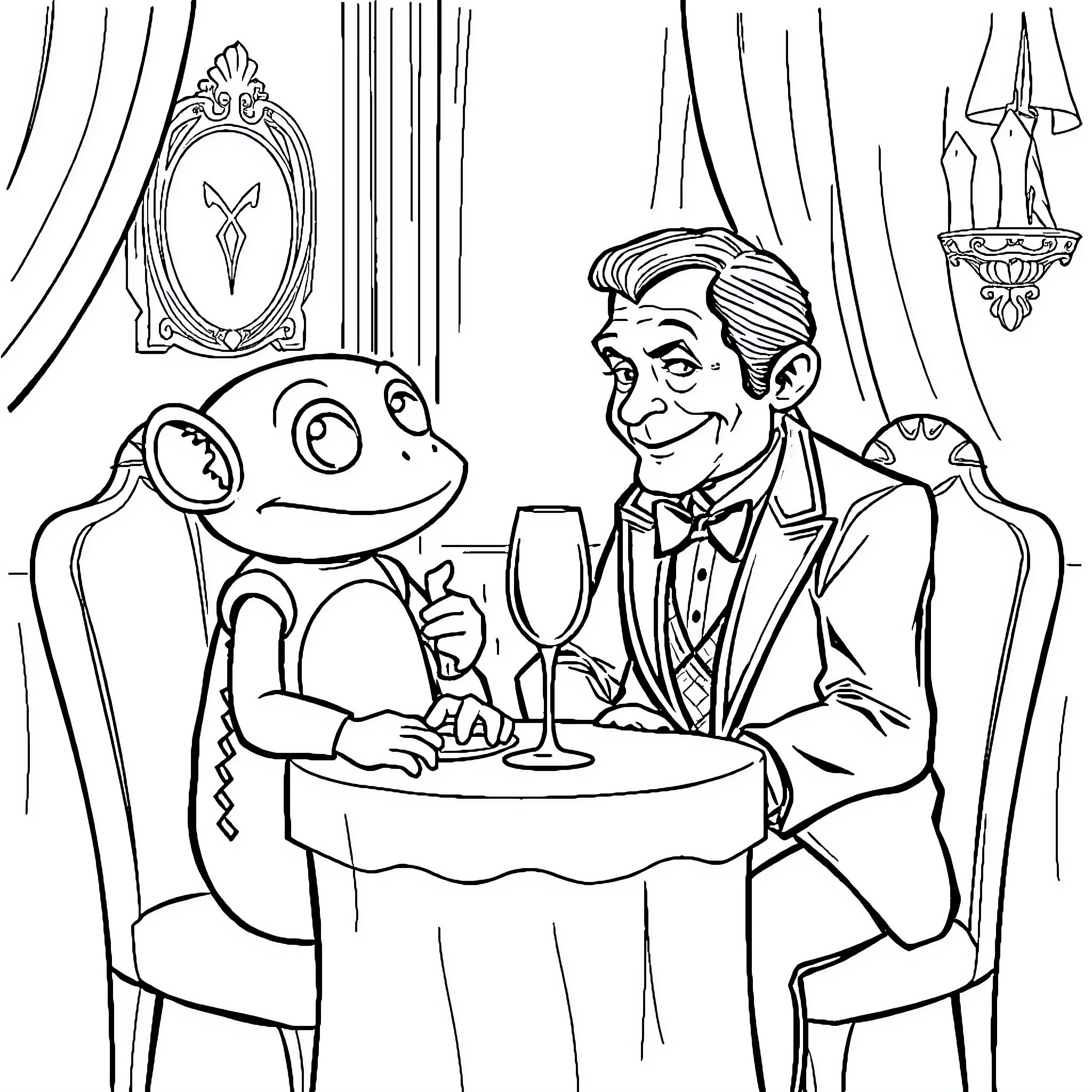 Gizmo enjoying a fancy dinner with a gentleman Coloring Page (free black-and-white line drawing printable PDF for all, from beginners to advanced learners, including children, teens, adults, and seniors)