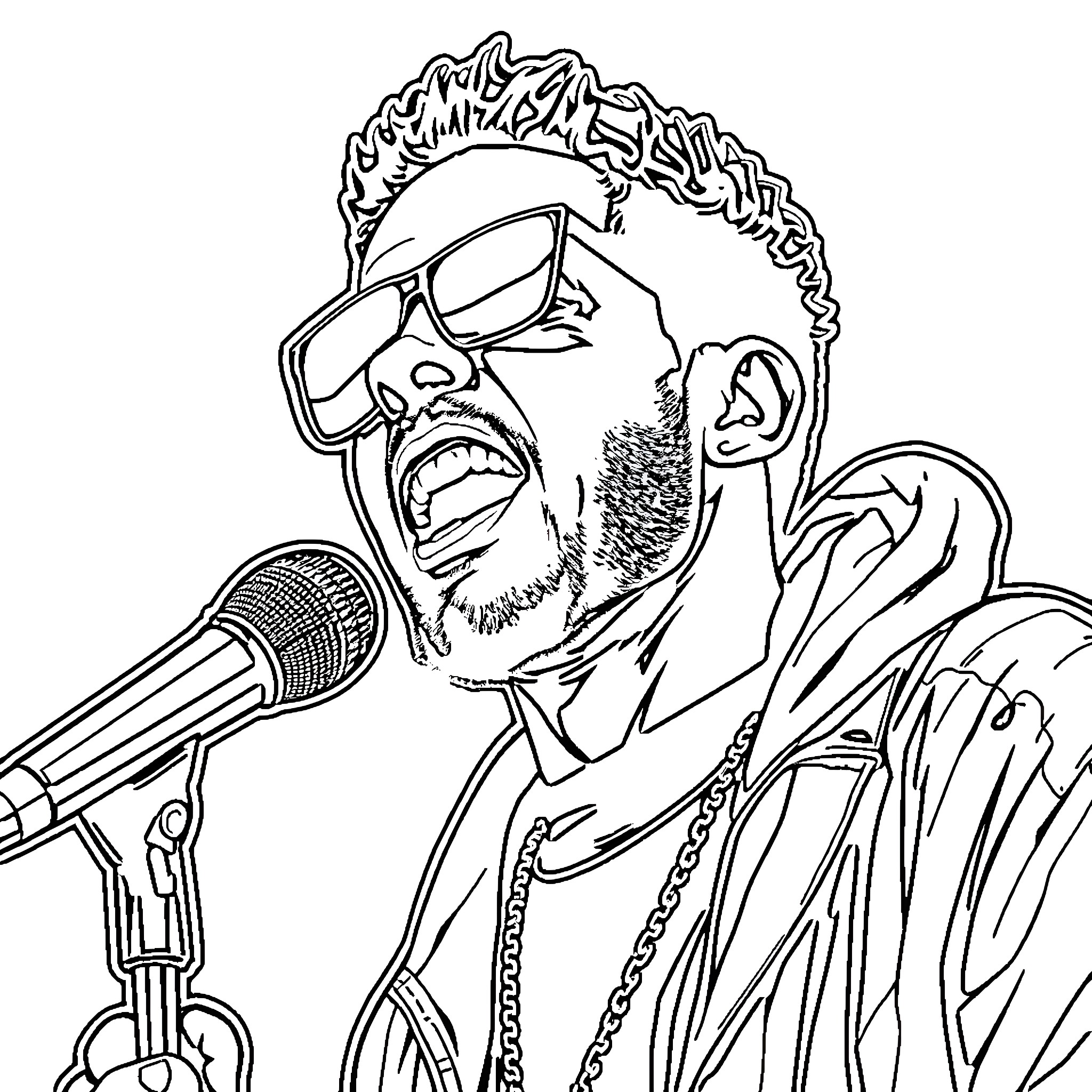 Canserbero performing passionately on stage Coloring Page (free black-and-white line drawing printable PDF for all, from beginners to advanced learners, including children, teens, adults, and seniors)