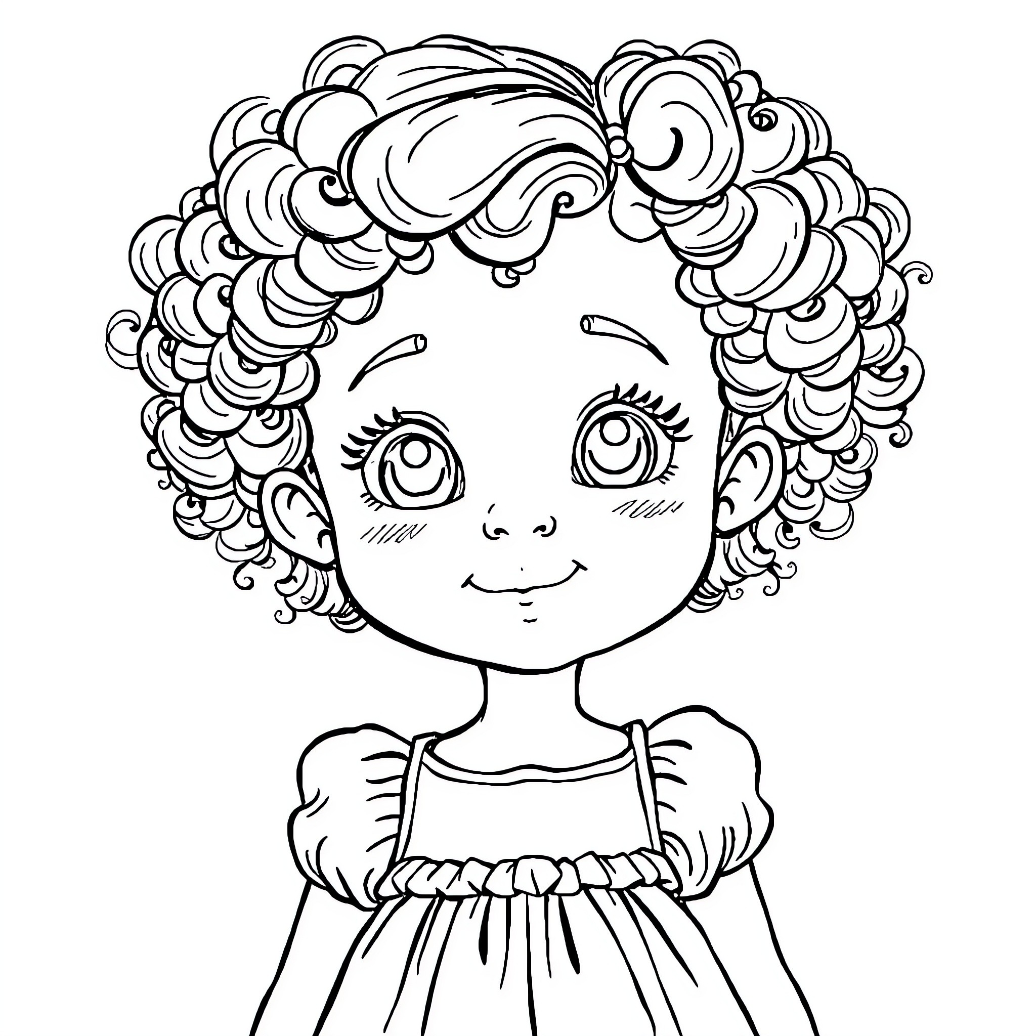 Girl with Curly Hair Smiling Happily Coloring Page (free black-and-white line drawing printable PDF for all, from beginners to advanced learners, including children, teens, adults, and seniors)