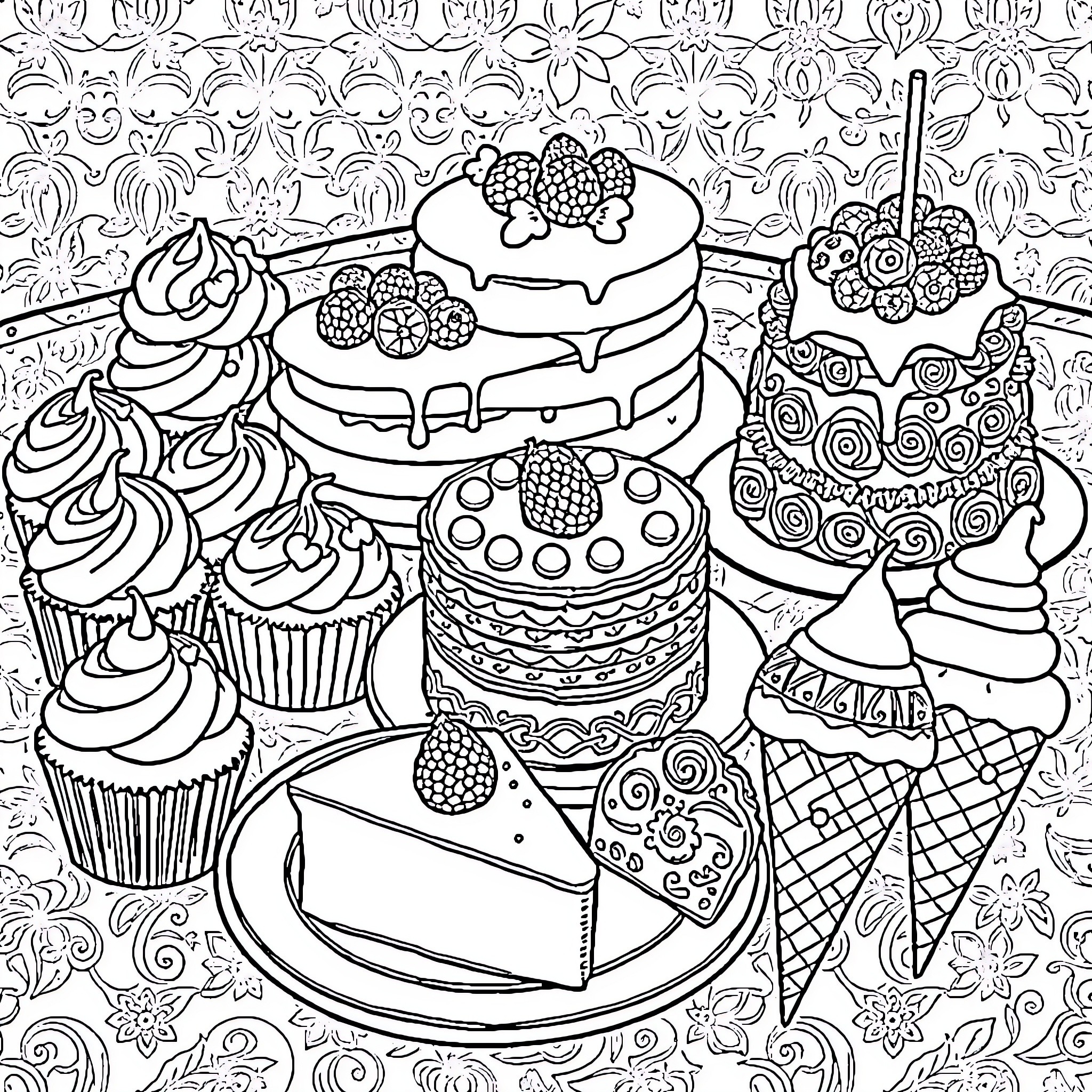 Dessert Delight: A Feast of Cakes, Cupcakes, and Confections Coloring Page (free black-and-white line drawing printable PDF for all, from beginners to advanced learners, including children, teens, adults, and seniors)