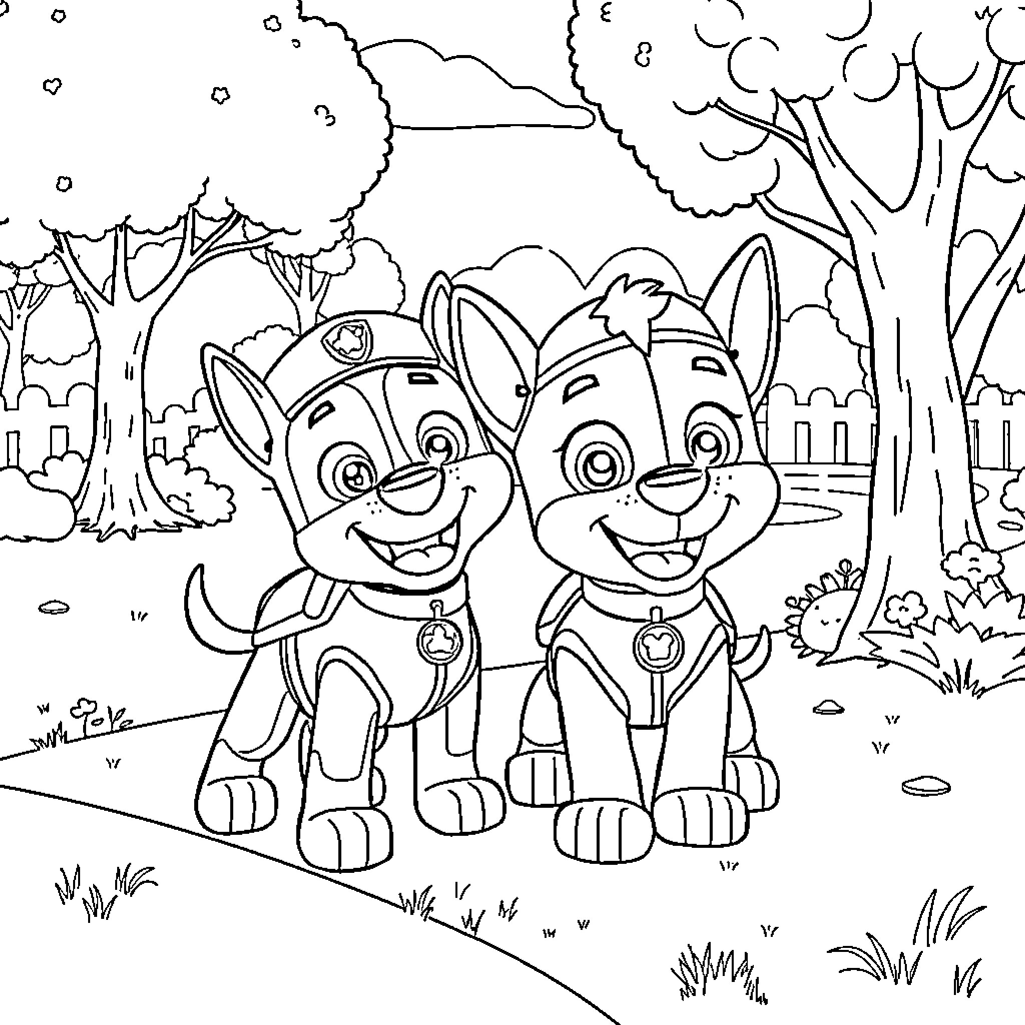 Bluey and Bingo explore the forest together Coloring Page (free black-and-white line drawing printable PDF for all, from beginners to advanced learners, including children, teens, adults, and seniors)