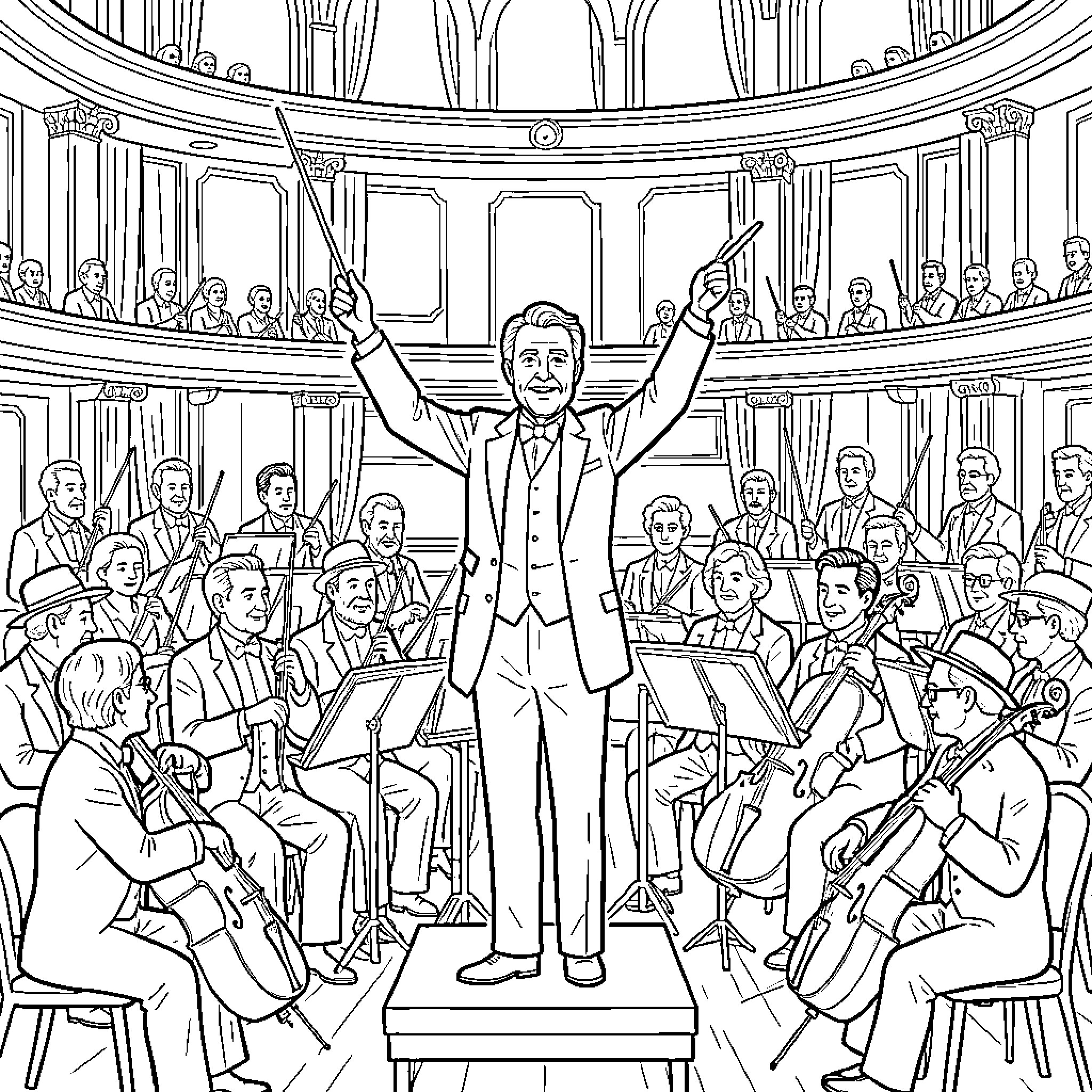 Conductor leading an orchestra in a grand performance Coloring Page (free black-and-white line drawing printable PDF for all, from beginners to advanced learners, including children, teens, adults, and seniors)