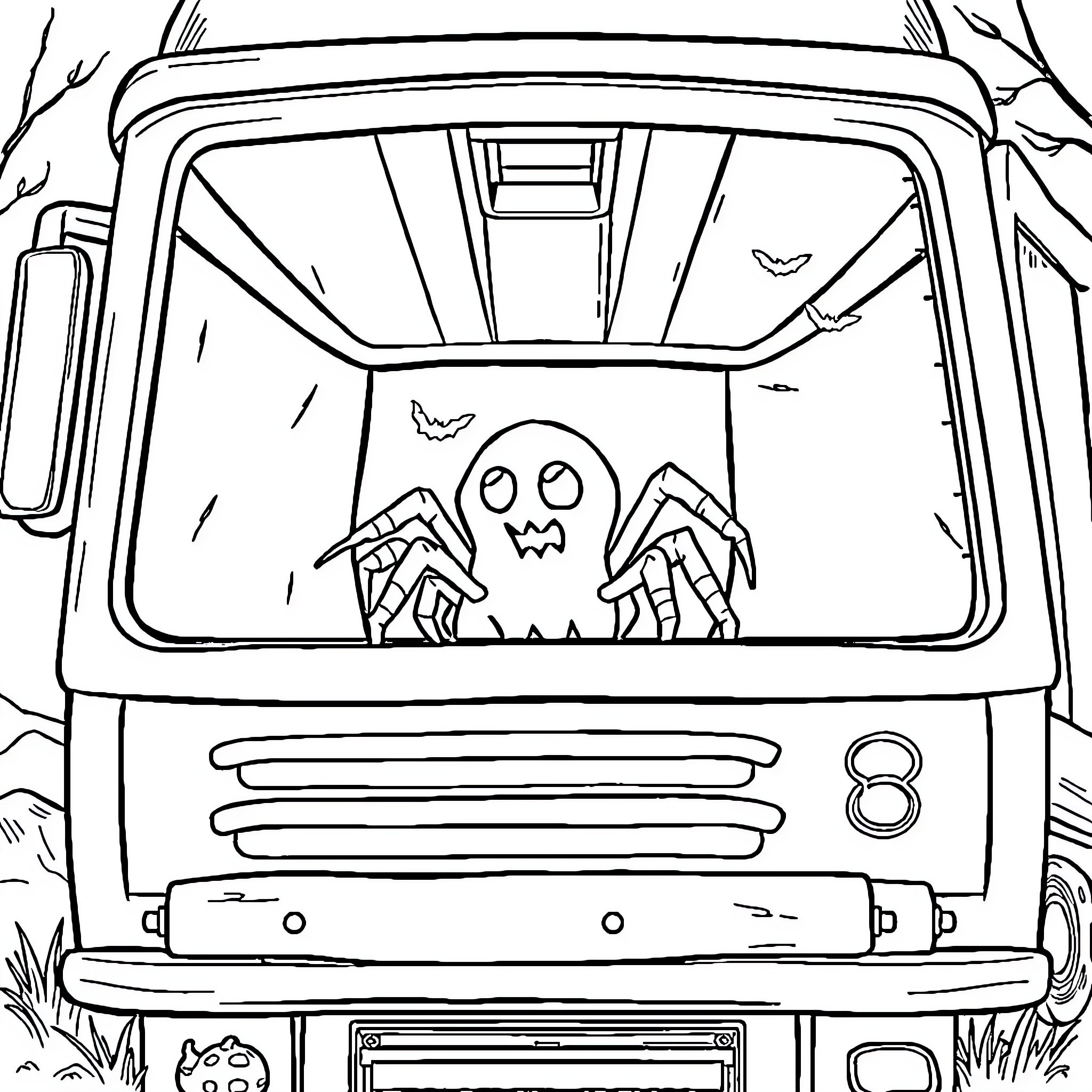 Ghost Spider commands a spooky vehicle in the woods Coloring Page (free black-and-white line drawing printable PDF for all, from beginners to advanced learners, including children, teens, adults, and seniors)
