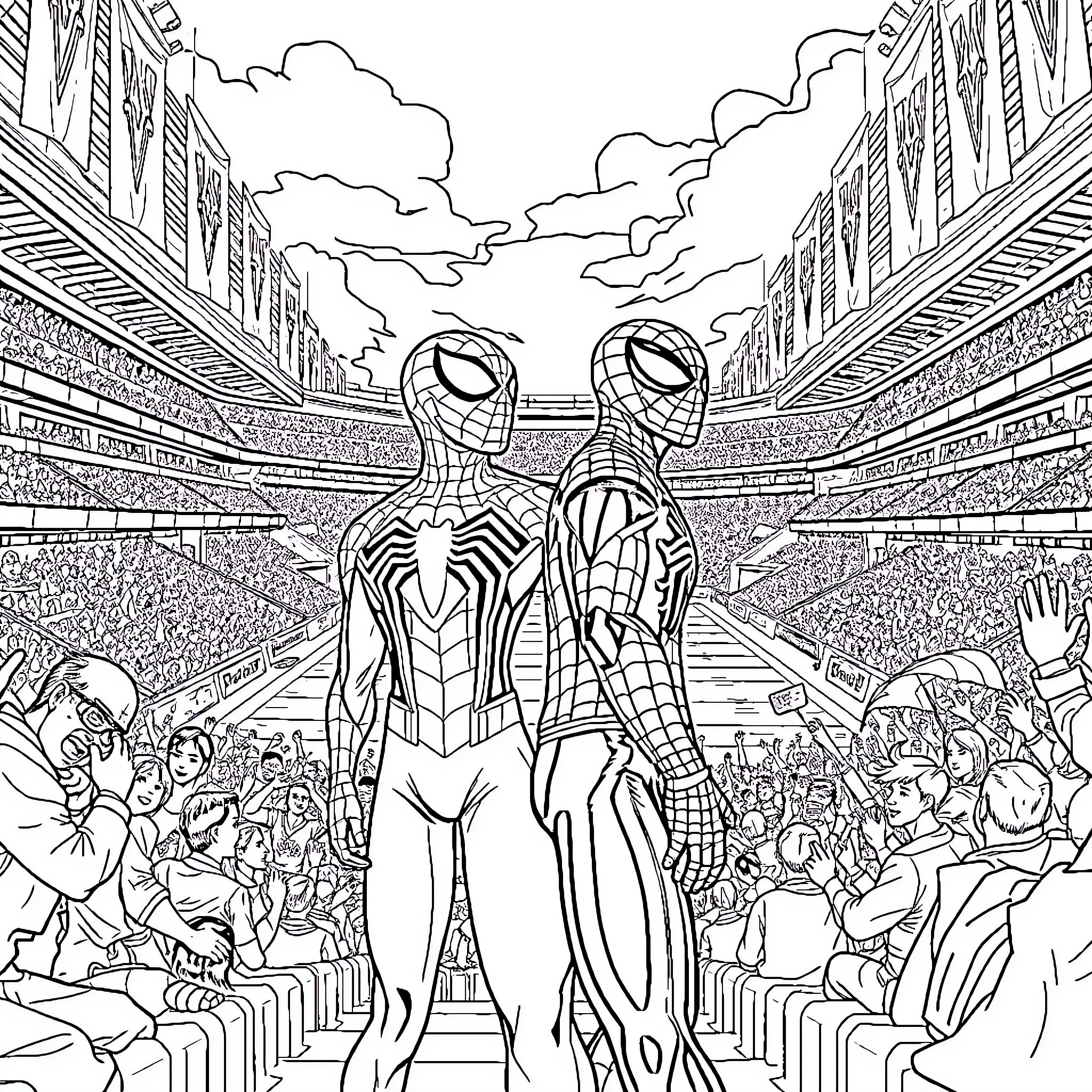Spidermen in a Crowded Stadium Coloring Page (free black-and-white line drawing printable PDF for all, from beginners to advanced learners, including children, teens, adults, and seniors)