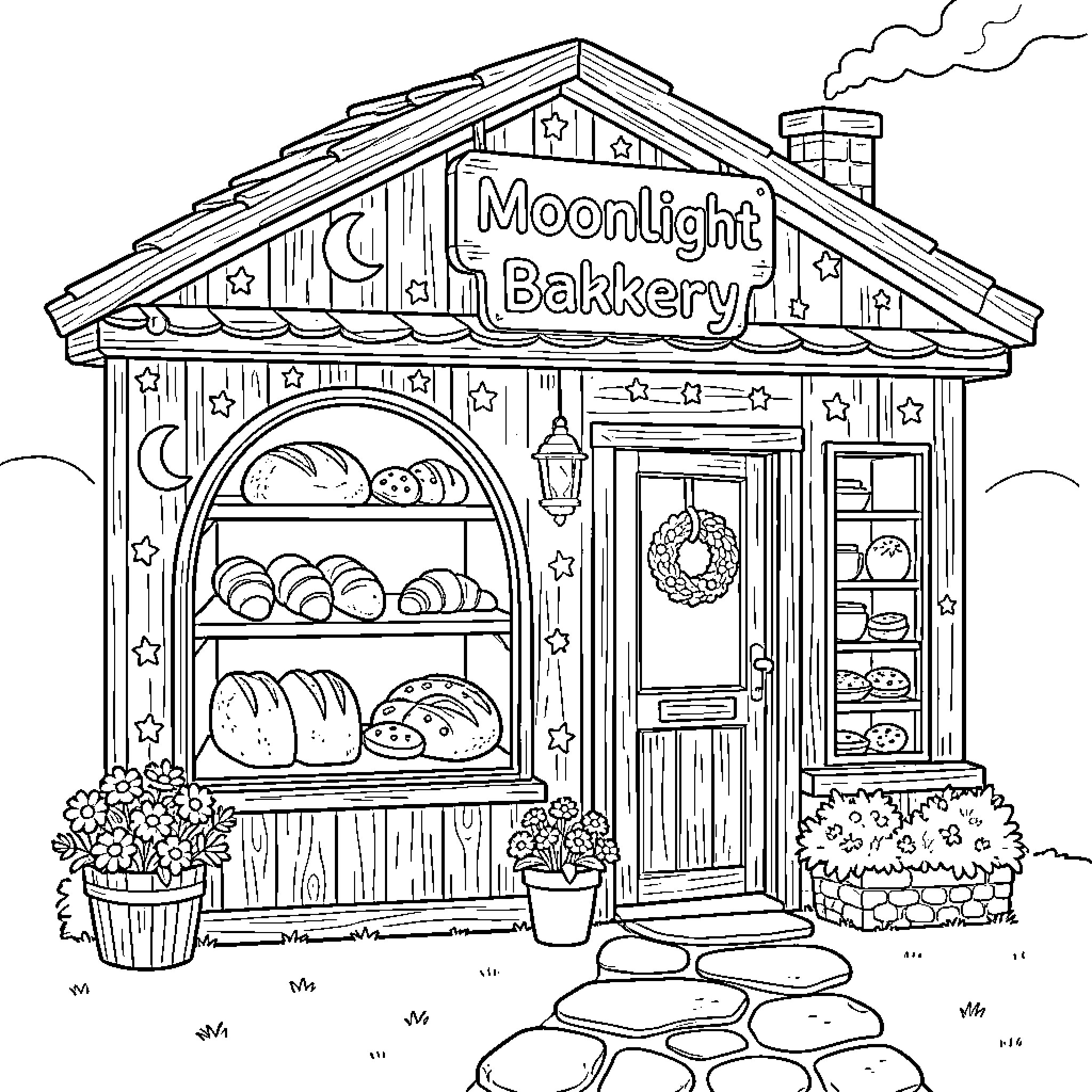 Bakery storefront displaying various freshly baked breads Coloring Page (free black-and-white line drawing printable PDF for all, from beginners to advanced learners, including children, teens, adults, and seniors)