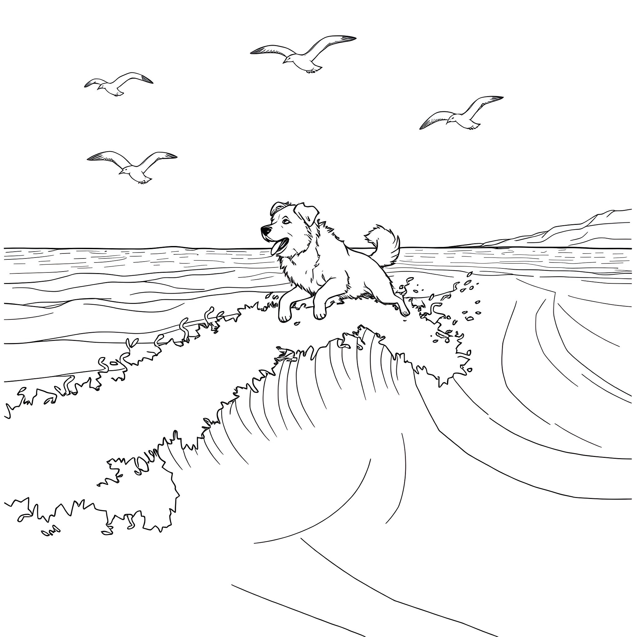 Dog playing joyfully in ocean waves with seagulls Coloring Page (free black-and-white line drawing printable PDF for all, from beginners to advanced learners, including children, teens, adults, and seniors)