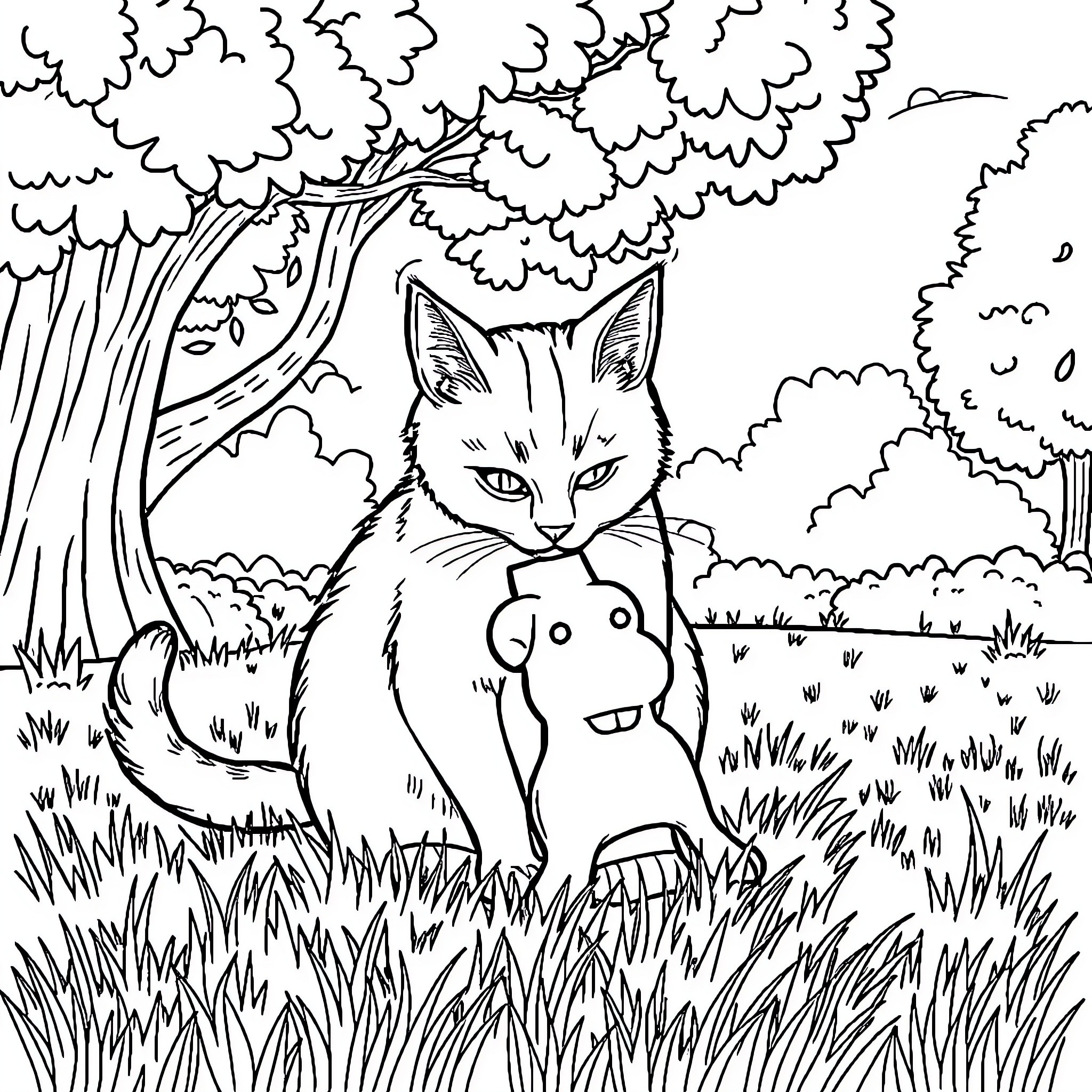 Cat enjoying nature in the forest Coloring Page (free black-and-white line drawing printable PDF for all, from beginners to advanced learners, including children, teens, adults, and seniors)
