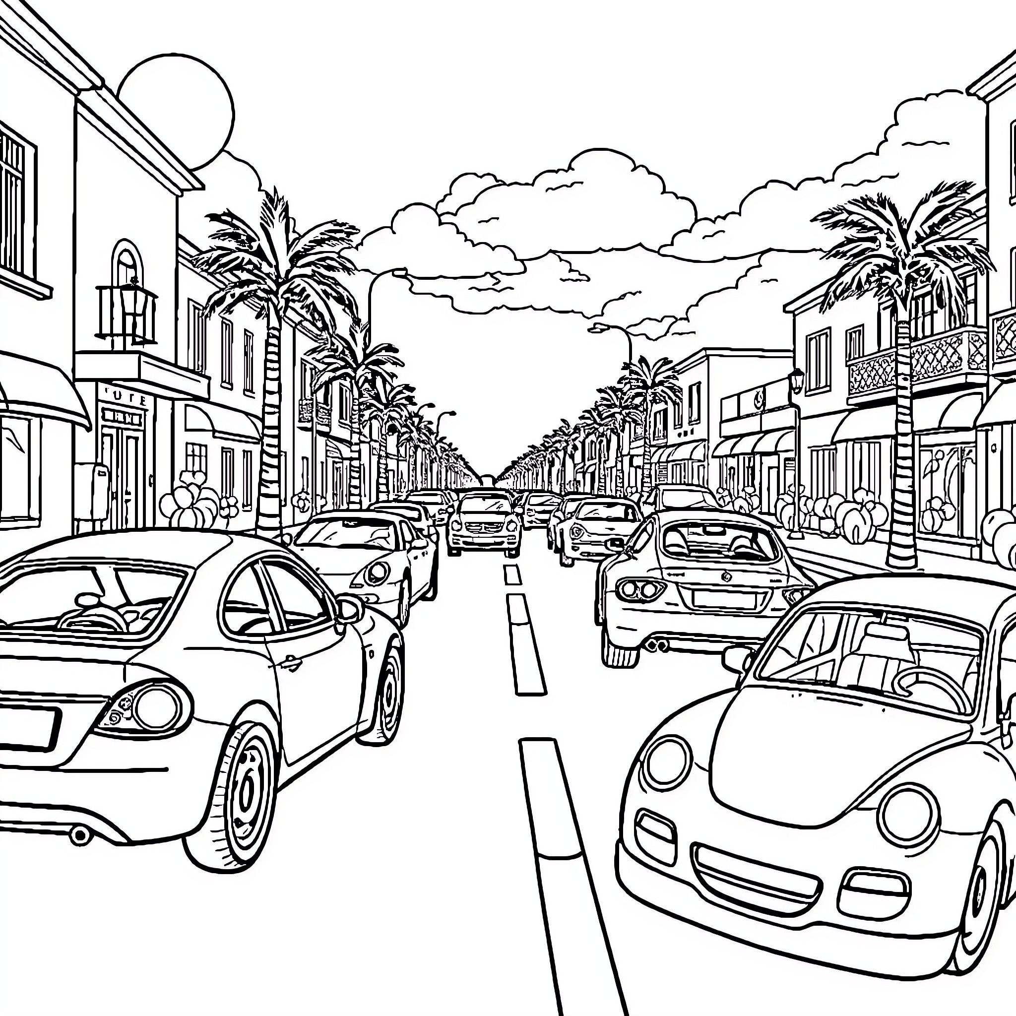 Toy Car Traffic on a Vibrant City Street Coloring Page (free black-and-white line drawing printable PDF for all, from beginners to advanced learners, including children, teens, adults, and seniors)