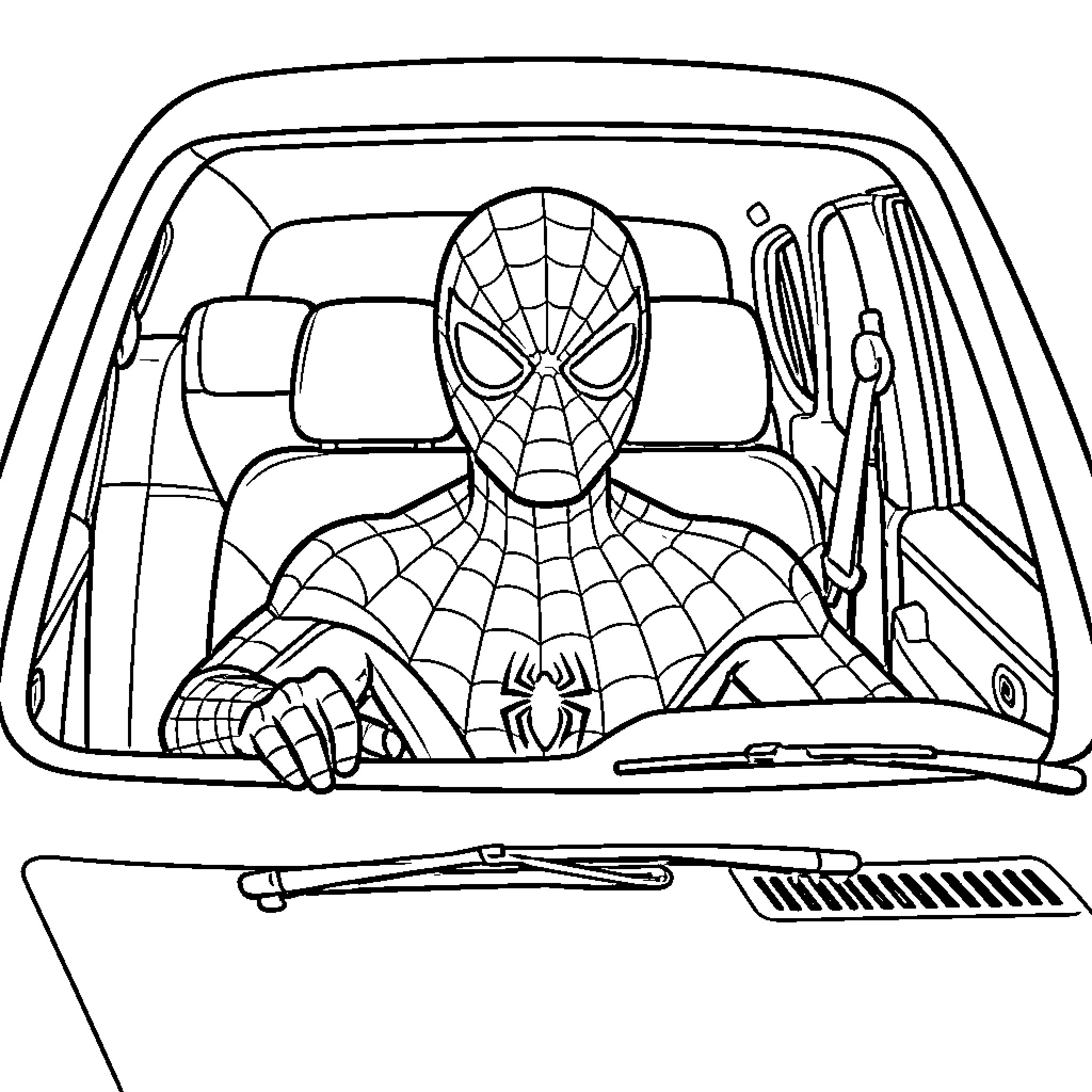 Spiderman driving a car through the city Coloring Page (free black-and-white line drawing printable PDF for all, from beginners to advanced learners, including children, teens, adults, and seniors)