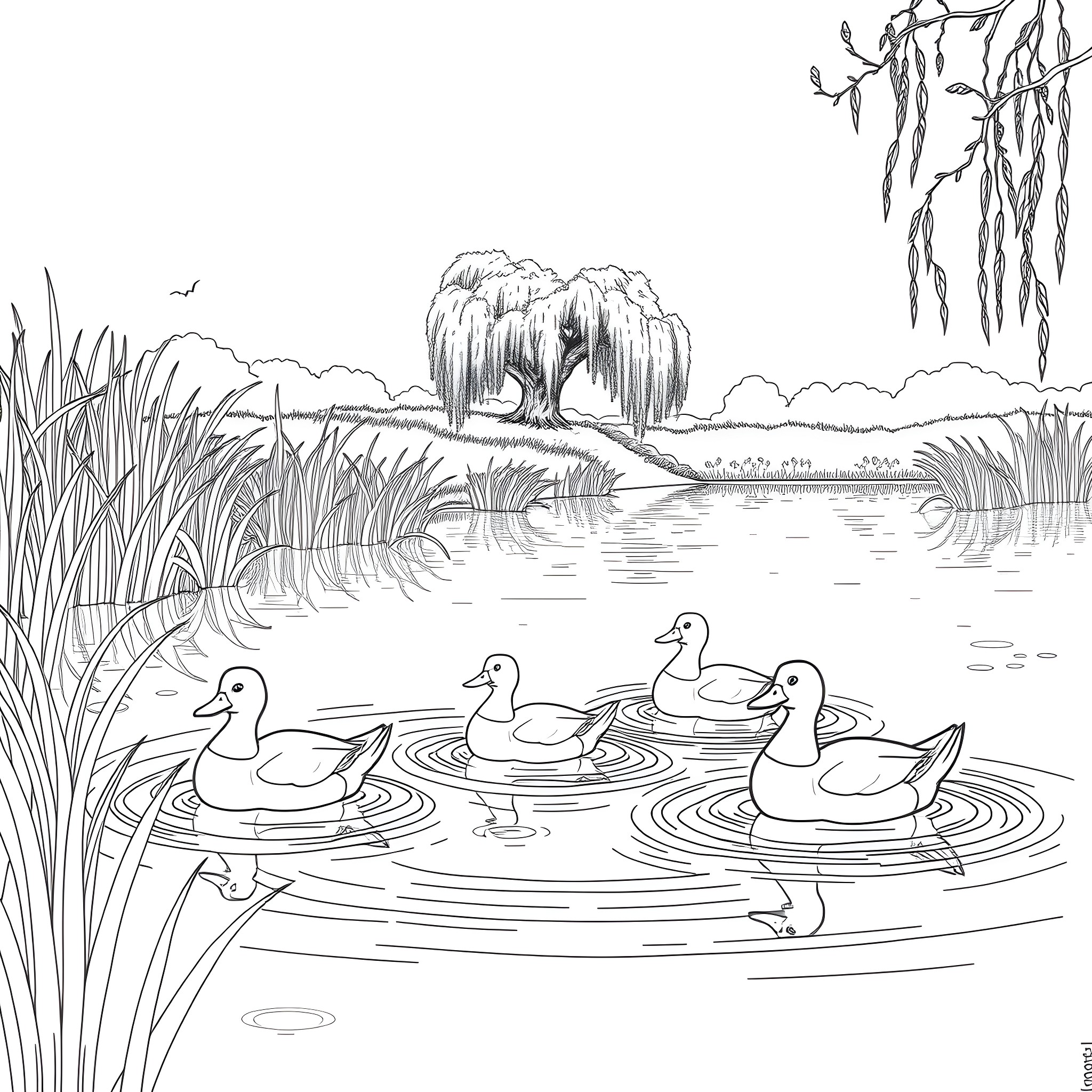 Duck Family Enjoying a Peaceful Pond Coloring Page (free black-and-white line drawing printable PDF for all, from beginners to advanced learners, including children, teens, adults, and seniors)
